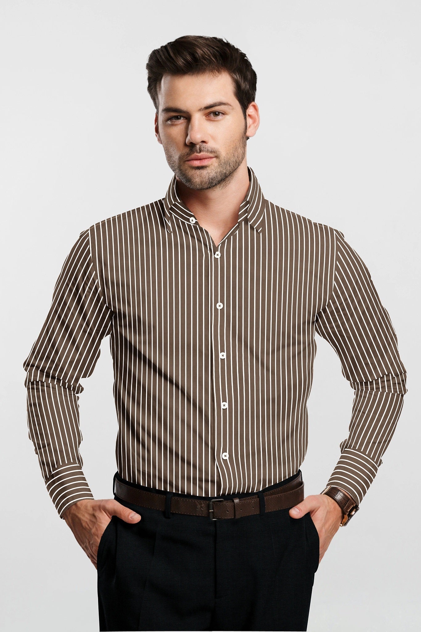 Tortilla Brown and White Pinstripes Men's Cotton Shirt