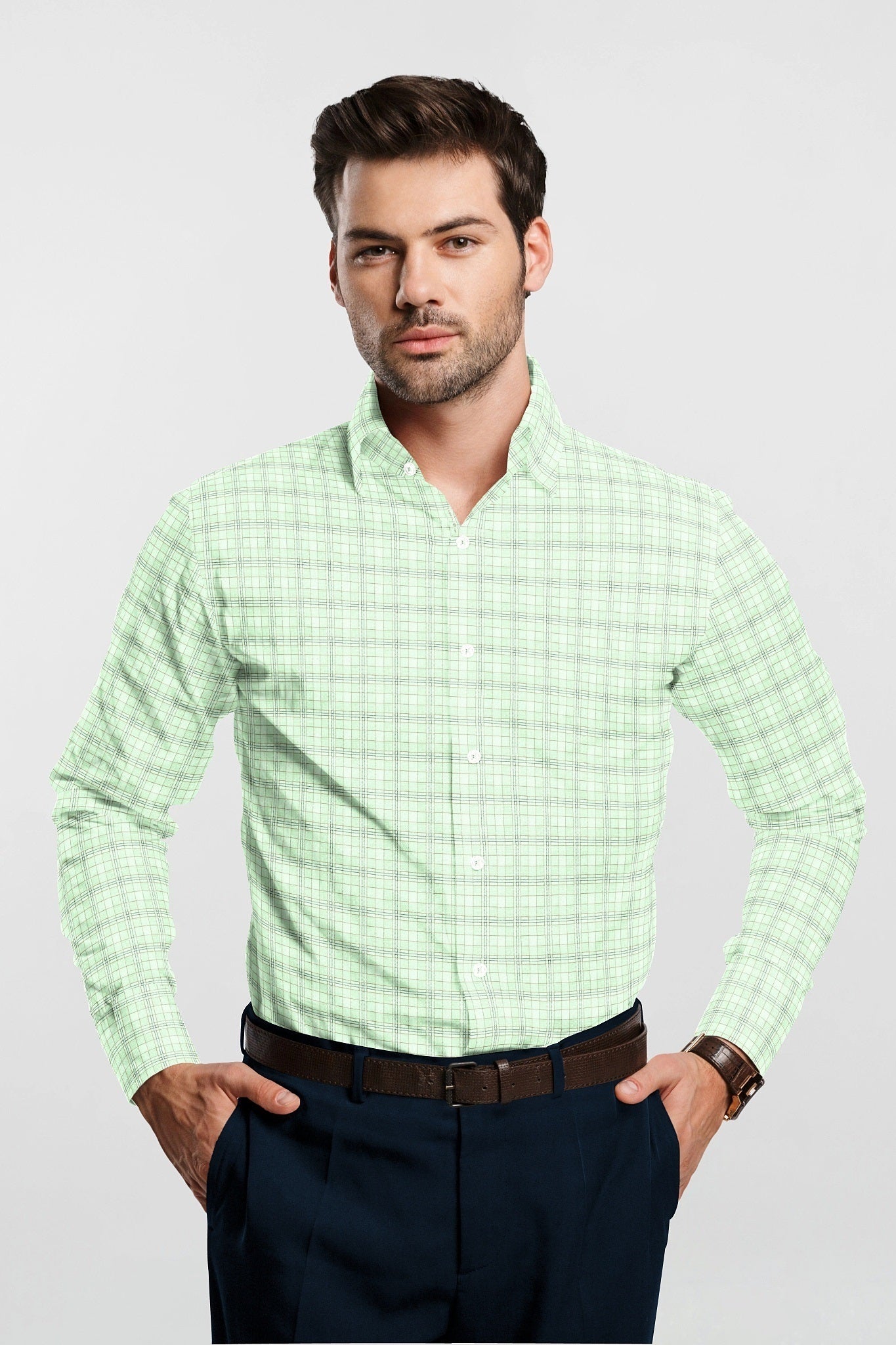 Pistachio Green with Midnight Blue and Umber Brown Checks Premium Egyptian Giza Cotton Shirt