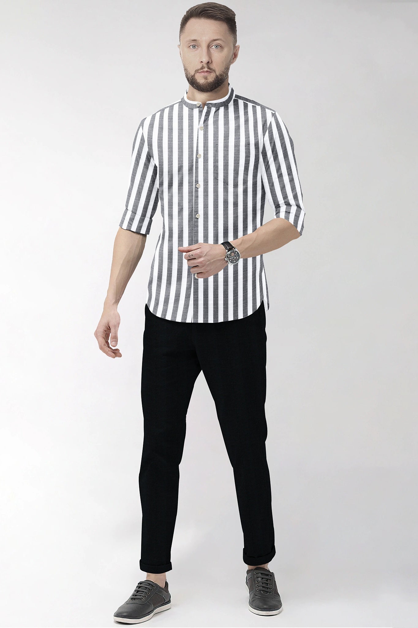 Porpoise Grey and Bright White Awning Stripes Mandarin Collar Cotton Linen Shirt
