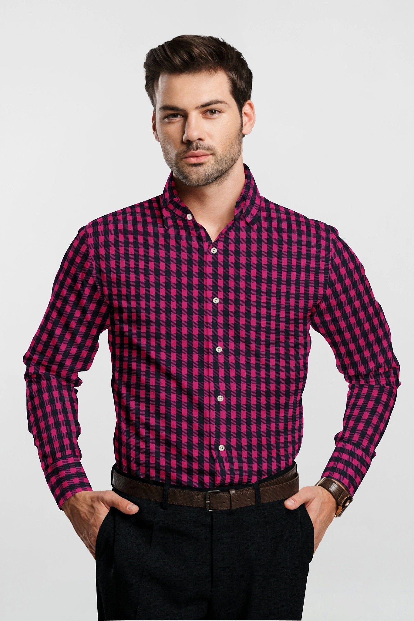 Crow Black and Jazz berry Pink Gingham Men's Cotton Shirt