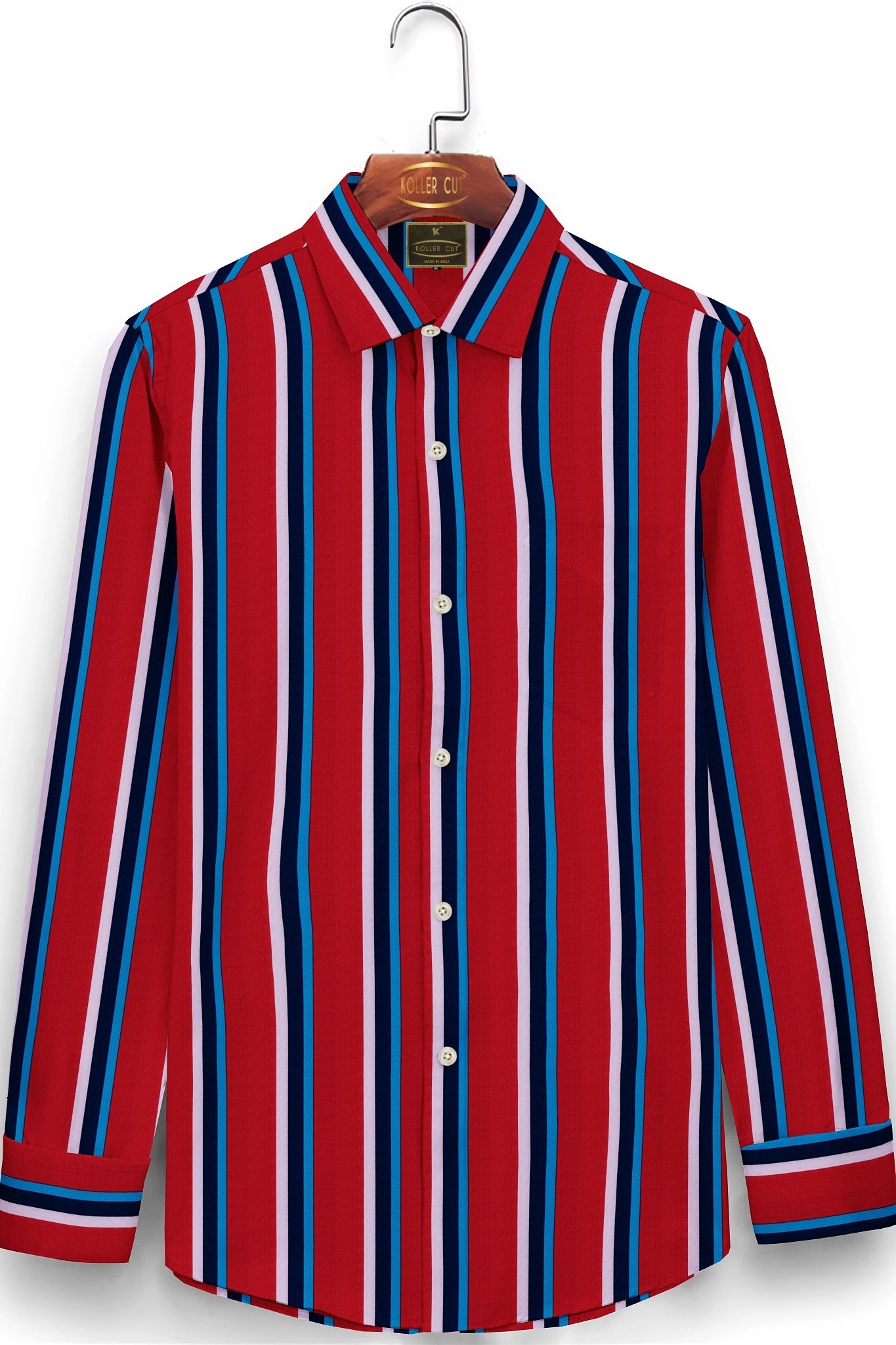 Crimson Red with White, Navy and Sapphire Blue Wide Stripes Men's Cotton Shirt