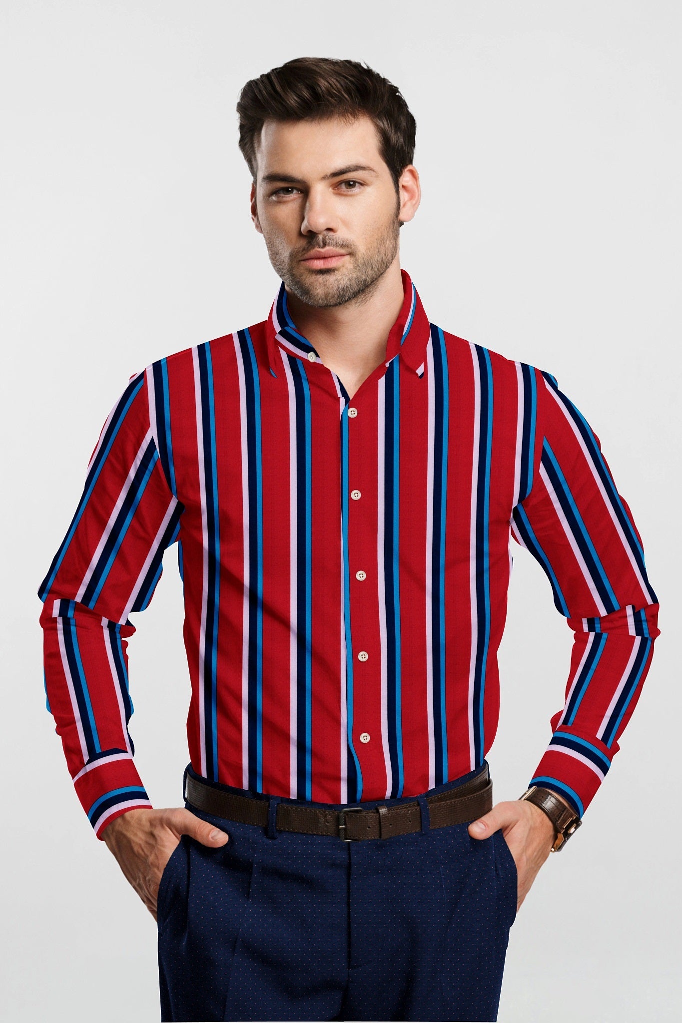 Crimson Red with White, Navy and Sapphire Blue Wide Stripes Men's Cotton Shirt