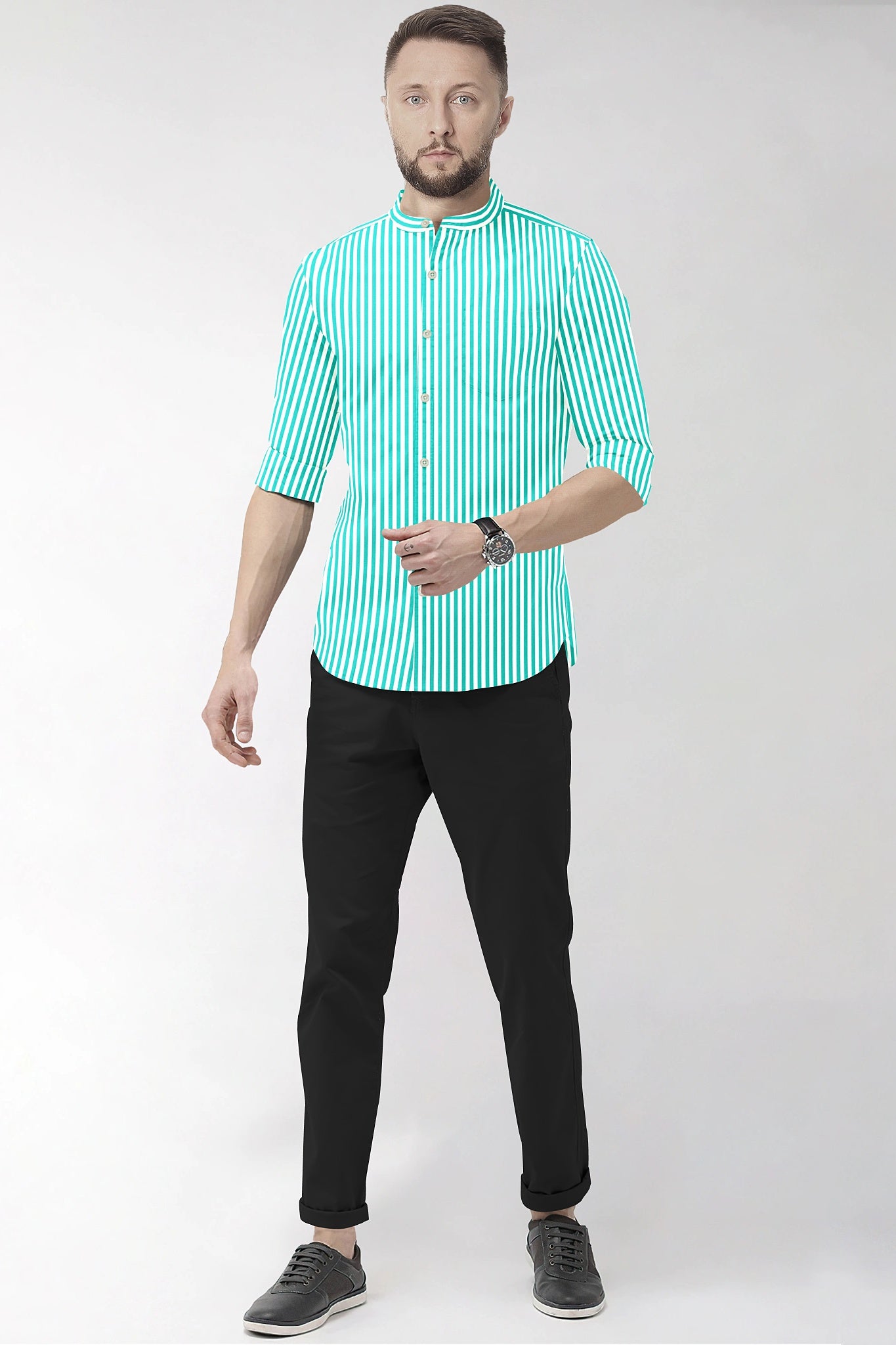 White and Seafoam Green Candy Stripes Mandarin Collar Cotton Shirt