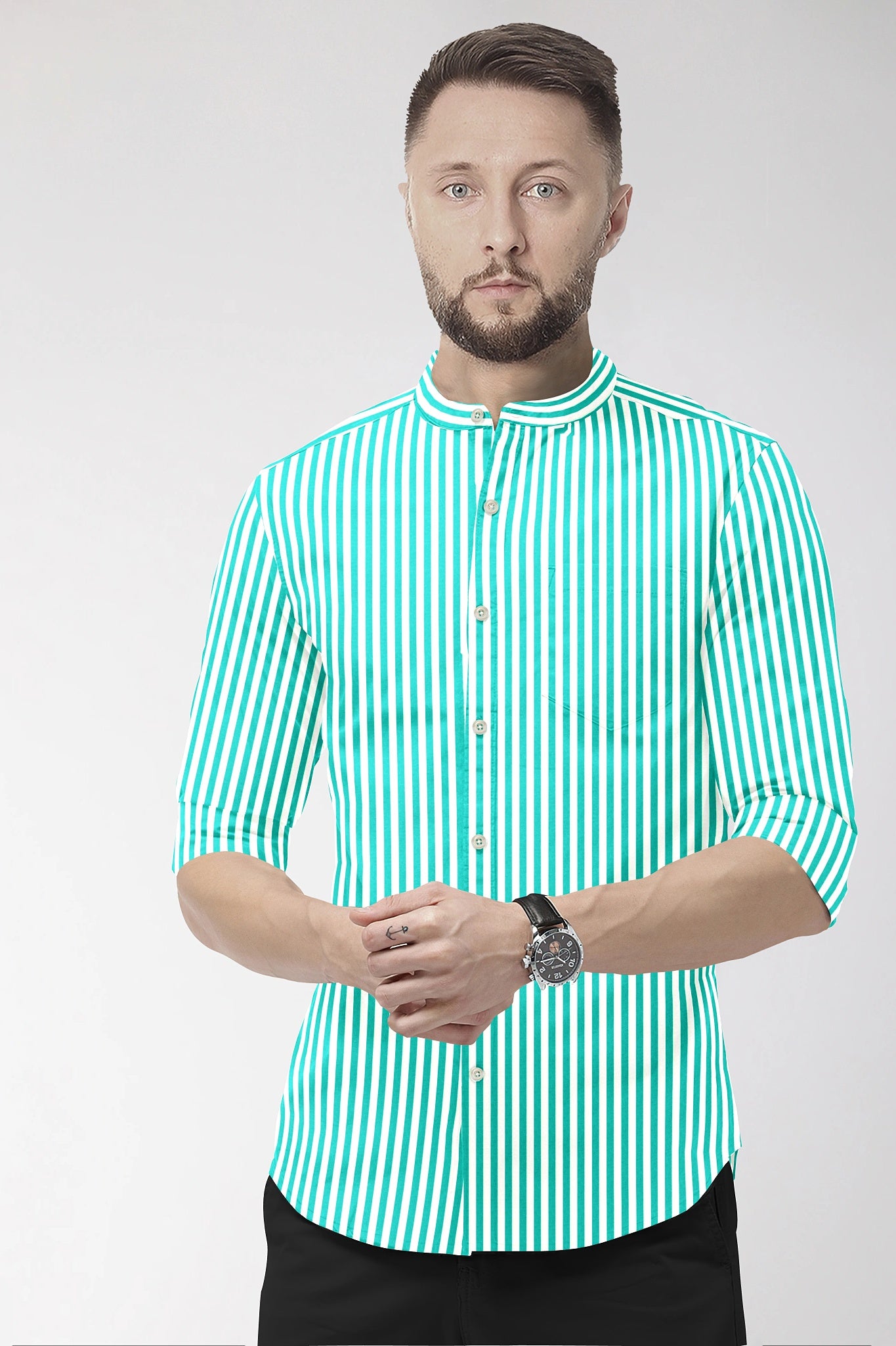White and Seafoam Green Candy Stripes Mandarin Collar Cotton Shirt