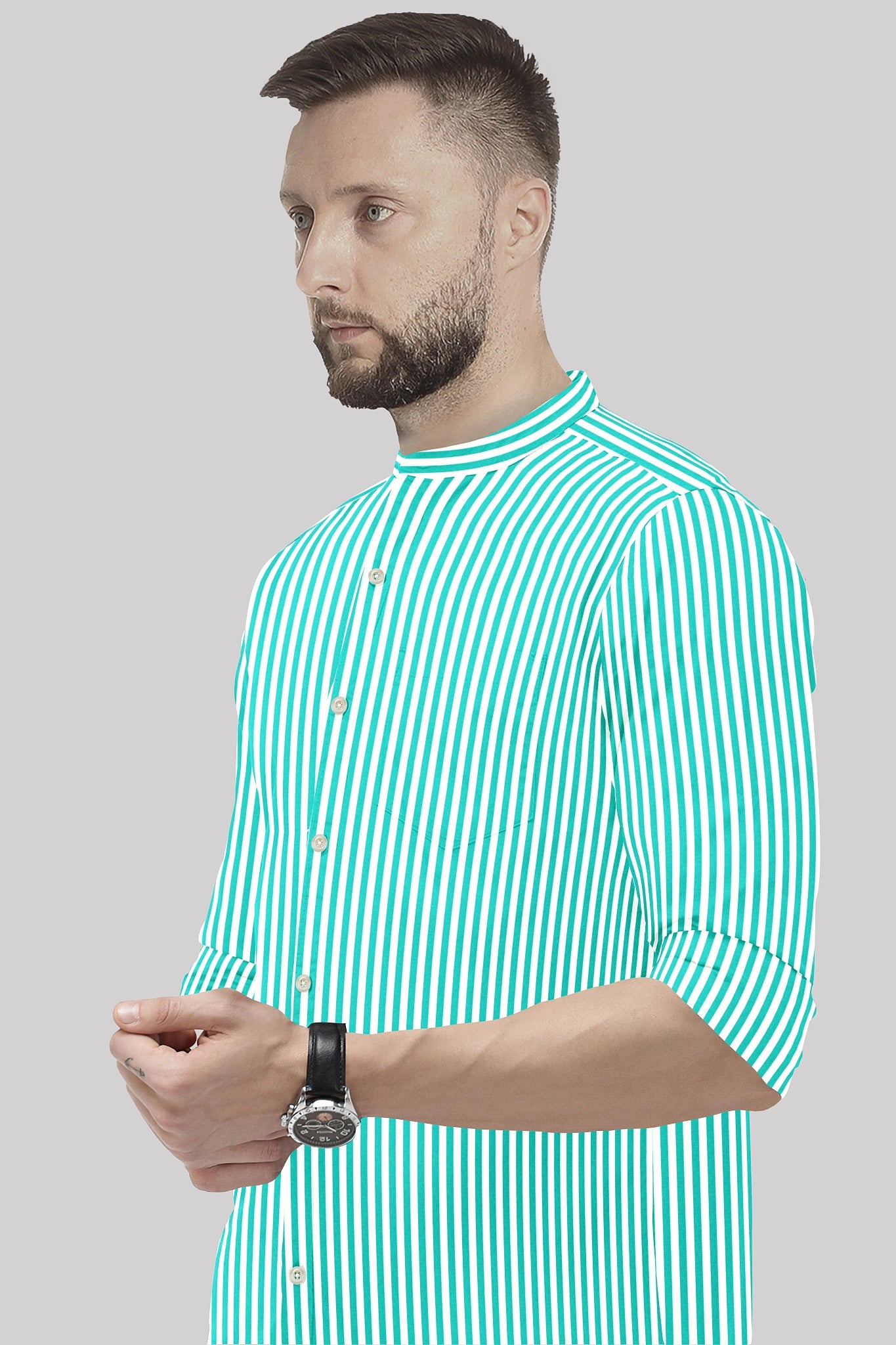 White and Seafoam Green Candy Stripes Mandarin Collar Cotton Shirt