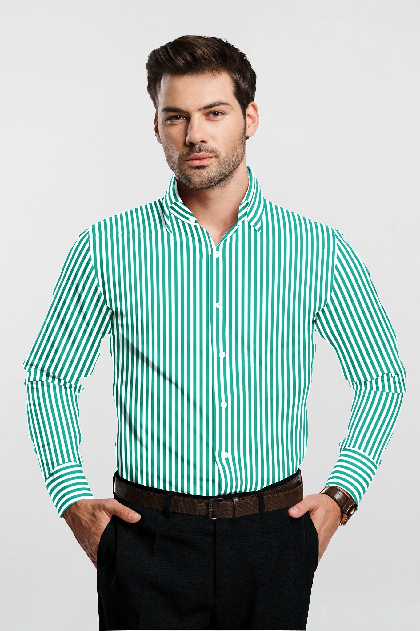 Ambrosia Green and White Candy Stripes Cotton Shirt