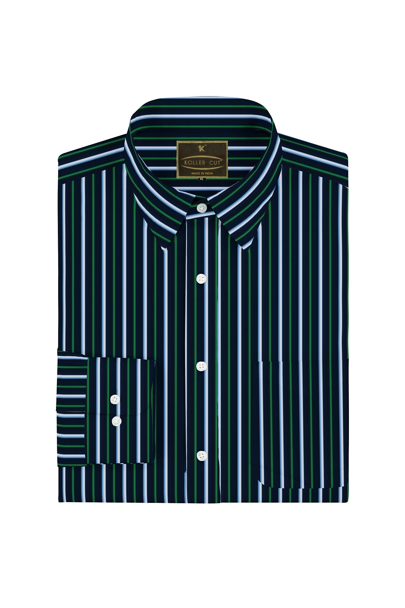 Oxford Blue with White and Cadmium Green Stripes Men's Cotton Shirt
