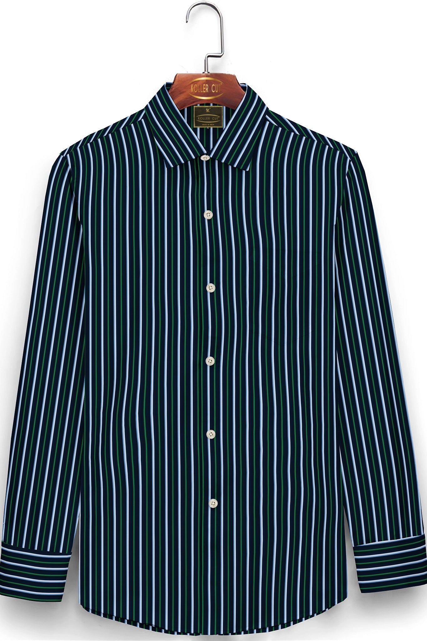 Oxford Blue with White and Cadmium Green Stripes Men's Cotton Shirt
