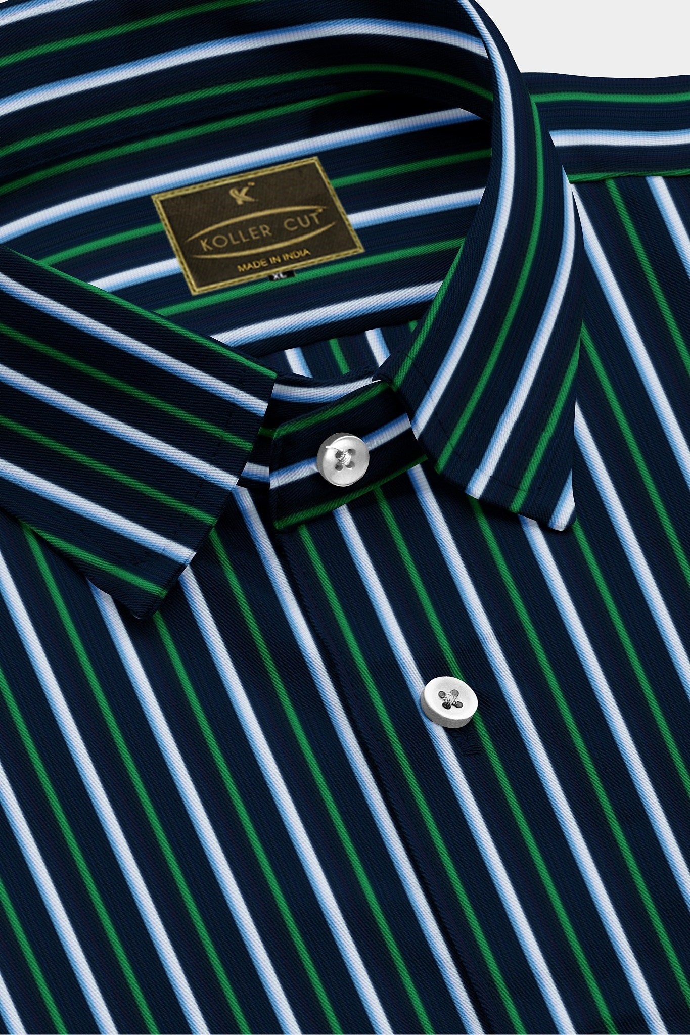Oxford Blue with White and Cadmium Green Stripes Men's Cotton Shirt