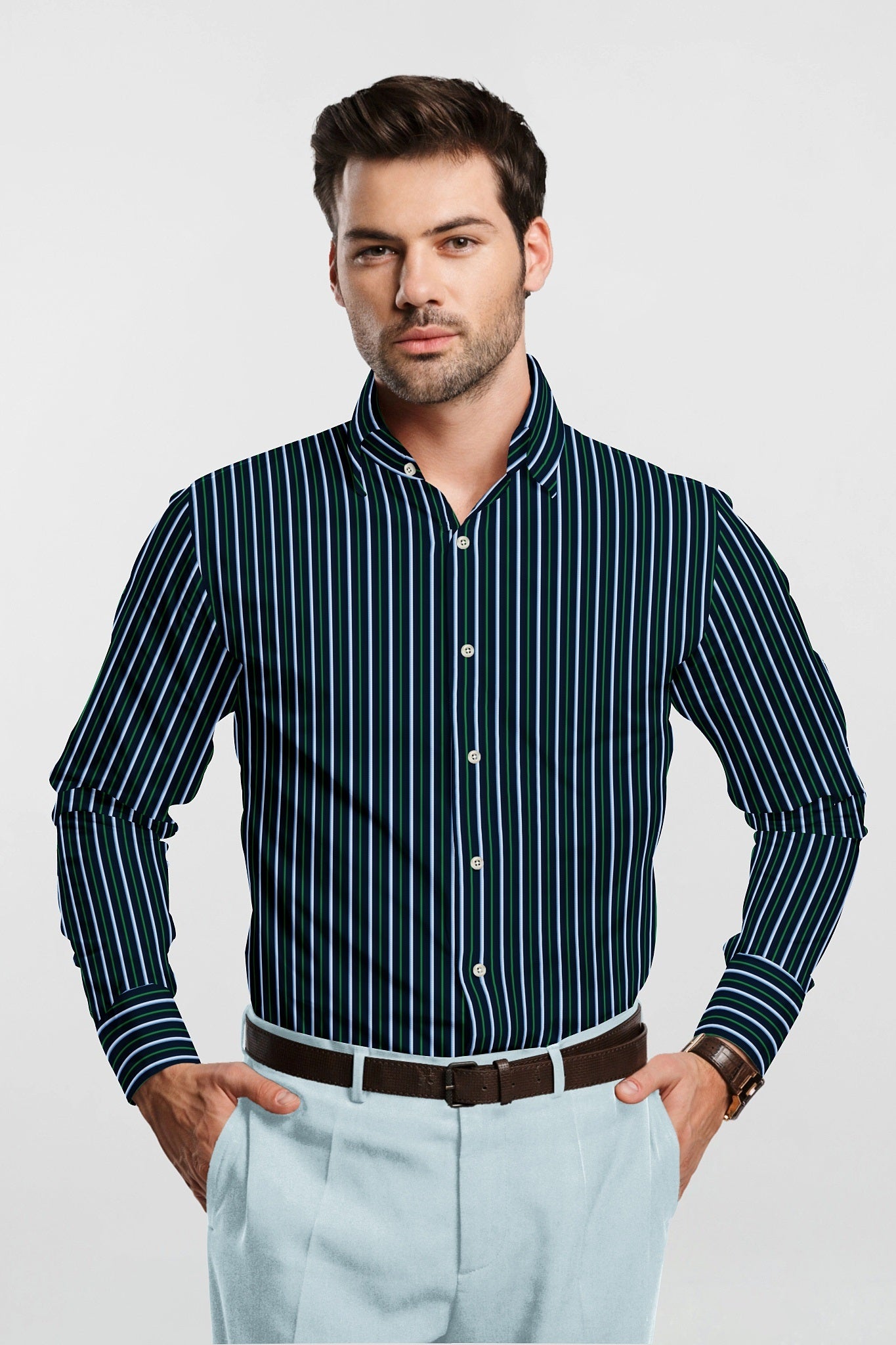 Oxford Blue with White and Cadmium Green Stripes Men's Cotton Shirt