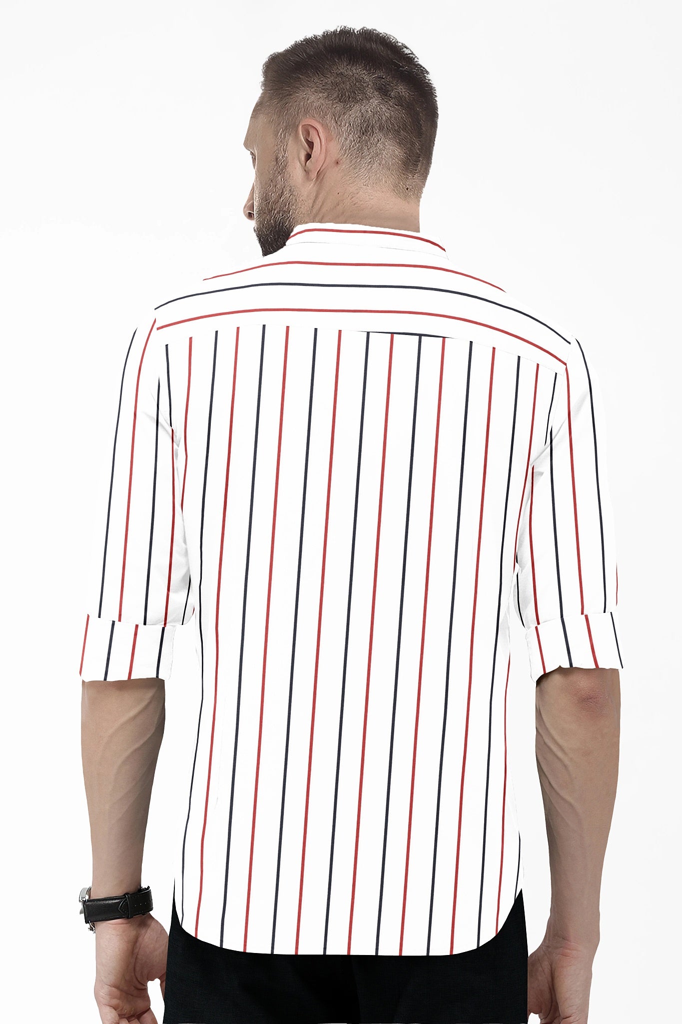 White with Scarlet Red and Navy Stripes Mandarin Collar Cotton Shirt