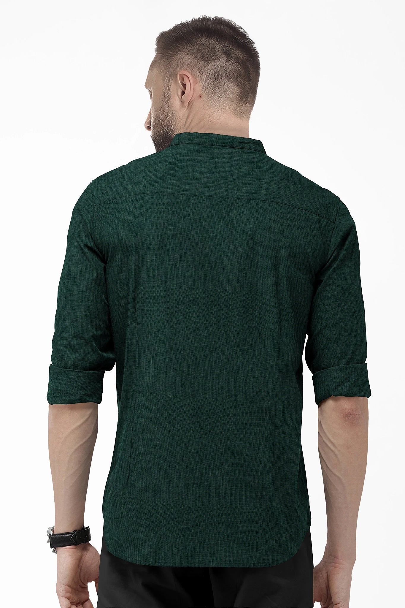 Dark Forest Green Mandarin Collar Men's Luxurious Linen Shirt