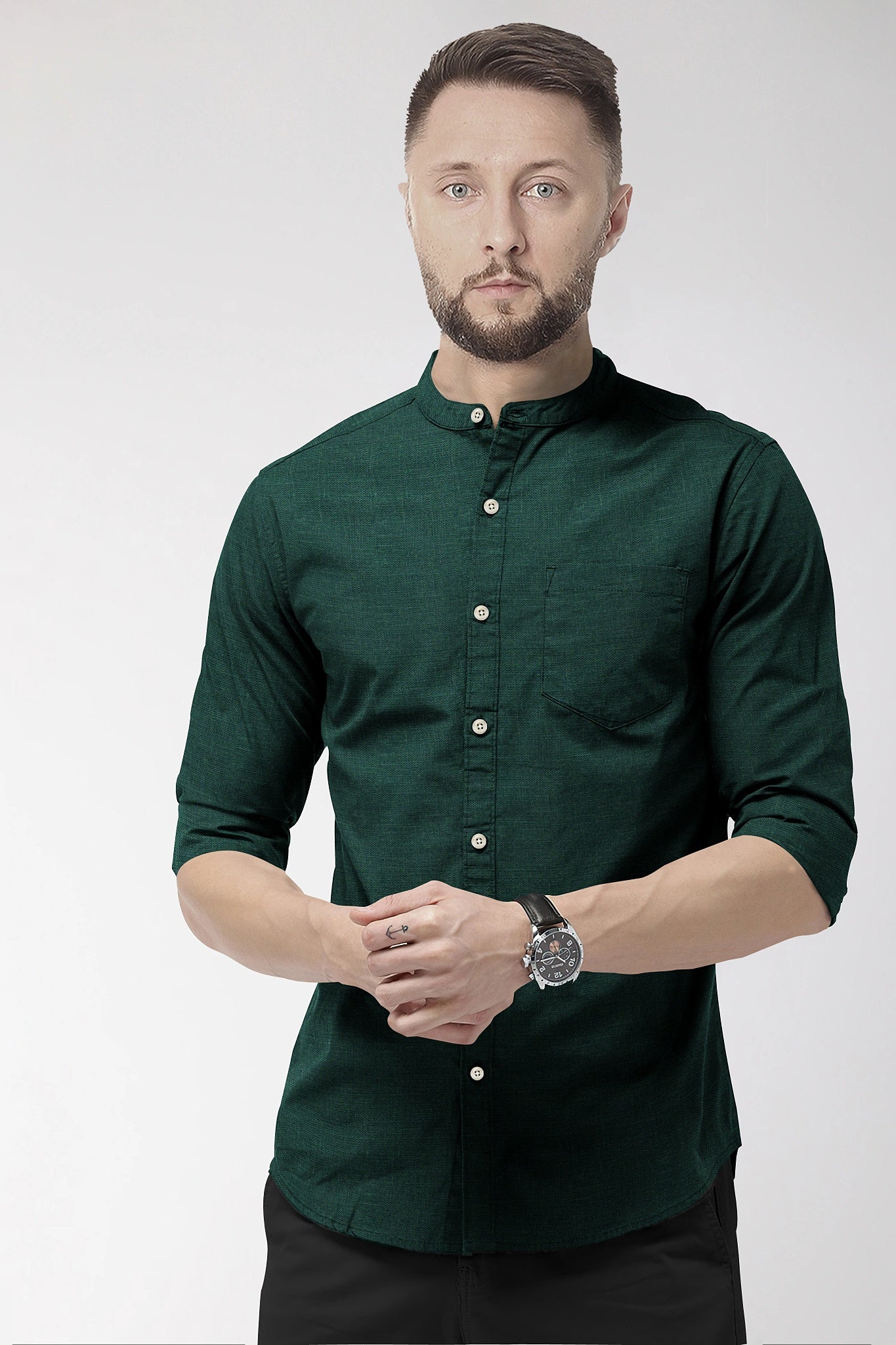 Dark Forest Green Mandarin Collar Men's Luxurious Linen Shirt