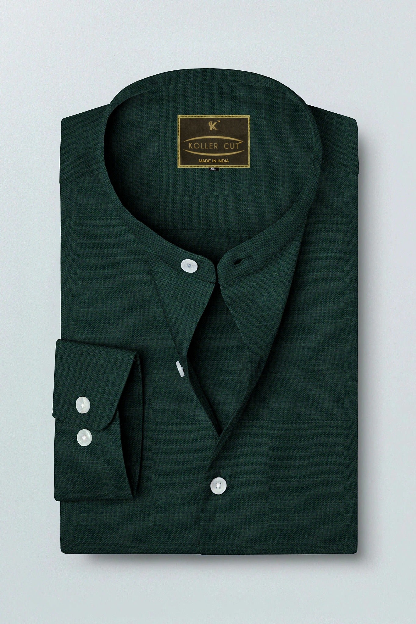 Dark Forest Green Mandarin Collar Men's Luxurious Linen Shirt