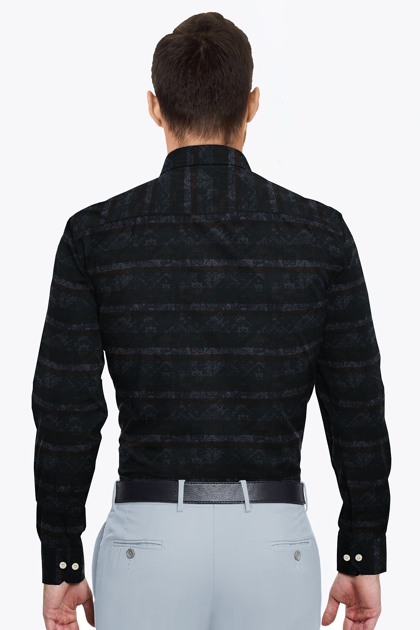 Platinum Gray with Cilantro Green and Tiramisu Brown Multicolored Jacqurd Abstract Stripes Egyptian Giza Cotton Shirt