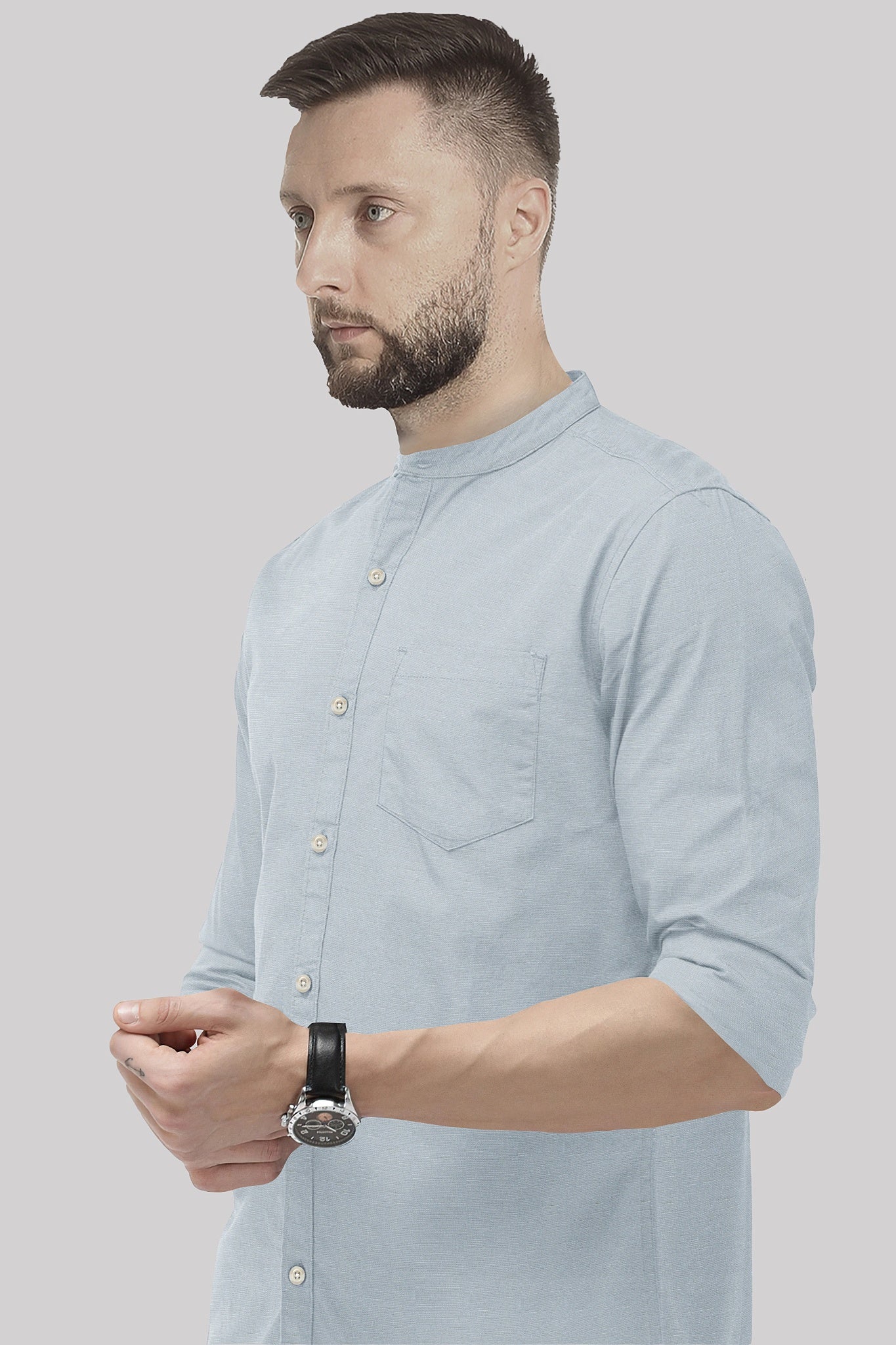 Cloud Grey Mandarin Collar Men's Luxurious Linen shirt