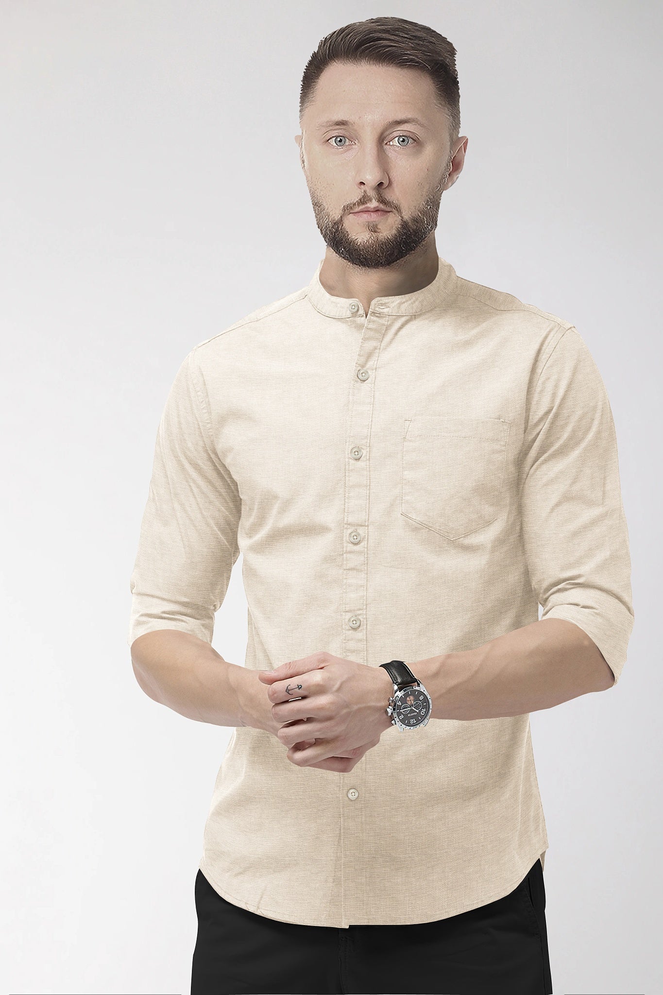 Beige Mandarin Collar Luxurious Linen shirt