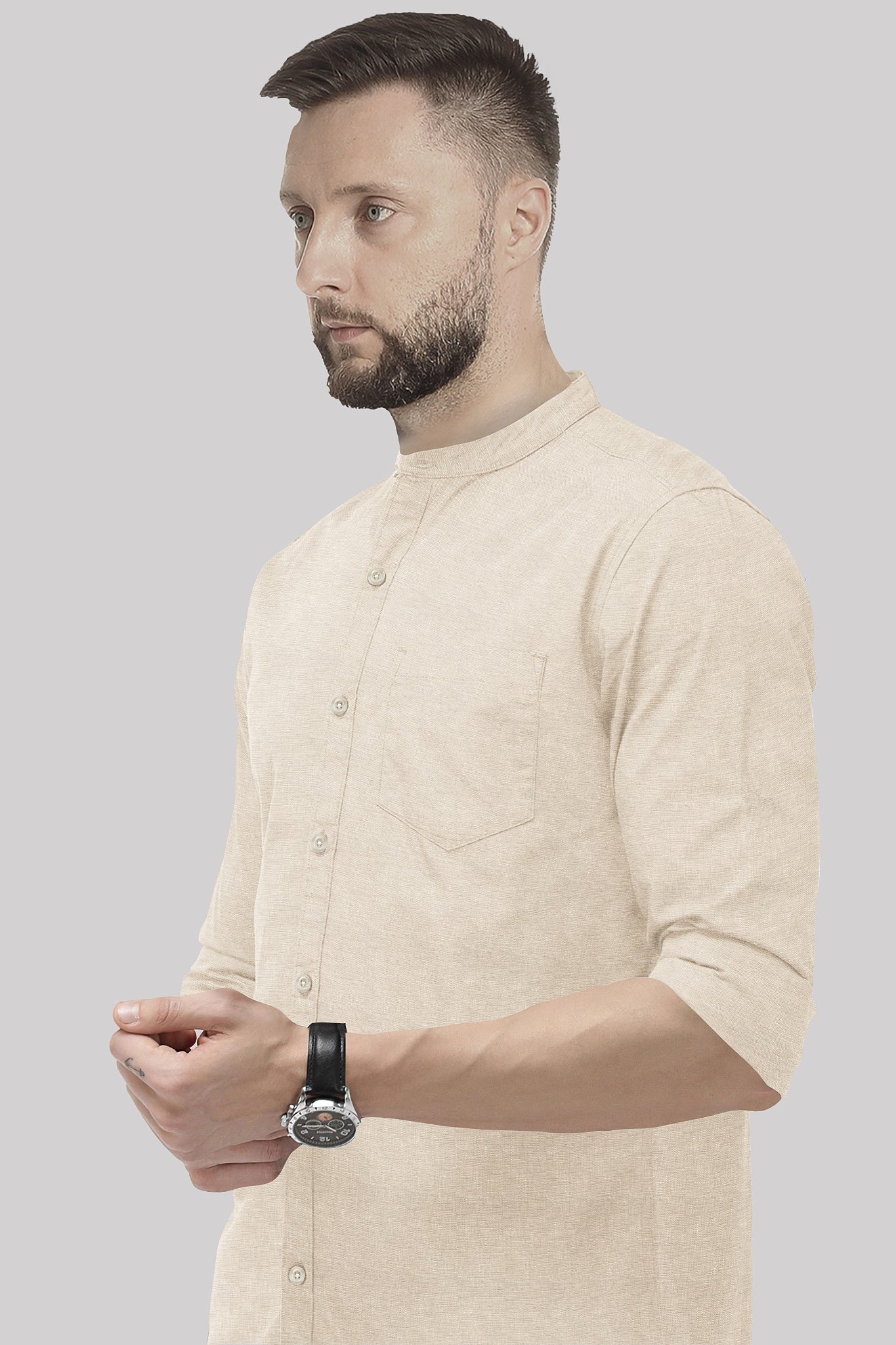 Beige Mandarin Collar Luxurious Linen shirt