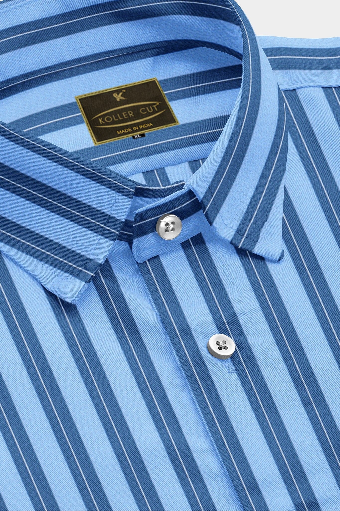 Carolina Blue and Sapphire Blue Stripes Men's Cotton Shirt
