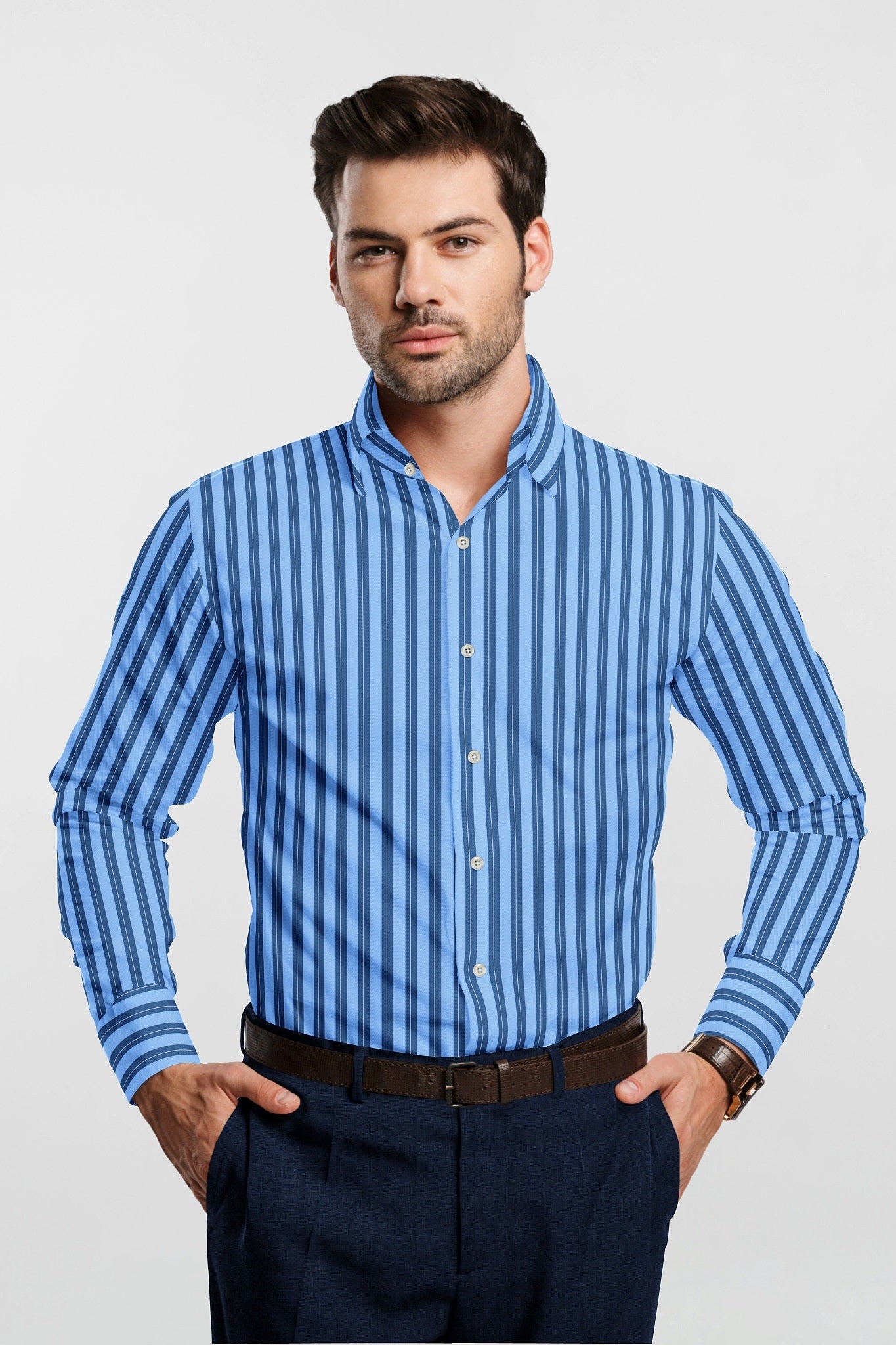 Carolina Blue and Sapphire Blue Stripes Men's Cotton Shirt