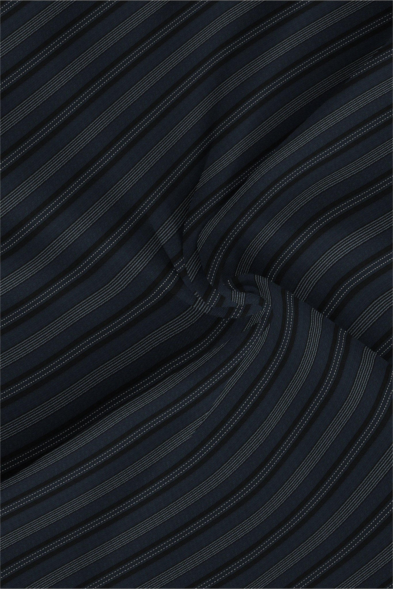 Jet Black With Cobalt Blue and White Broken Thread Stripes Mandarin Collar Cotton Shirt