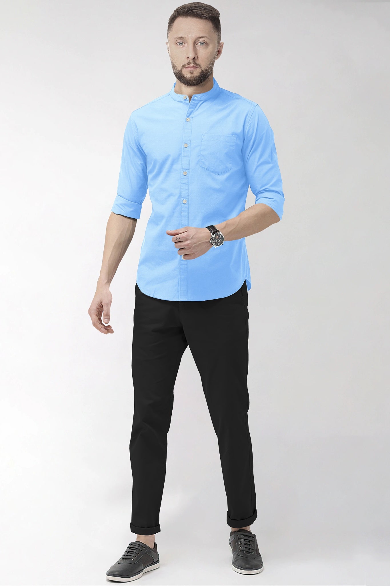 Hawkes Blue Mandarin Collar Giza Cotton Shirt