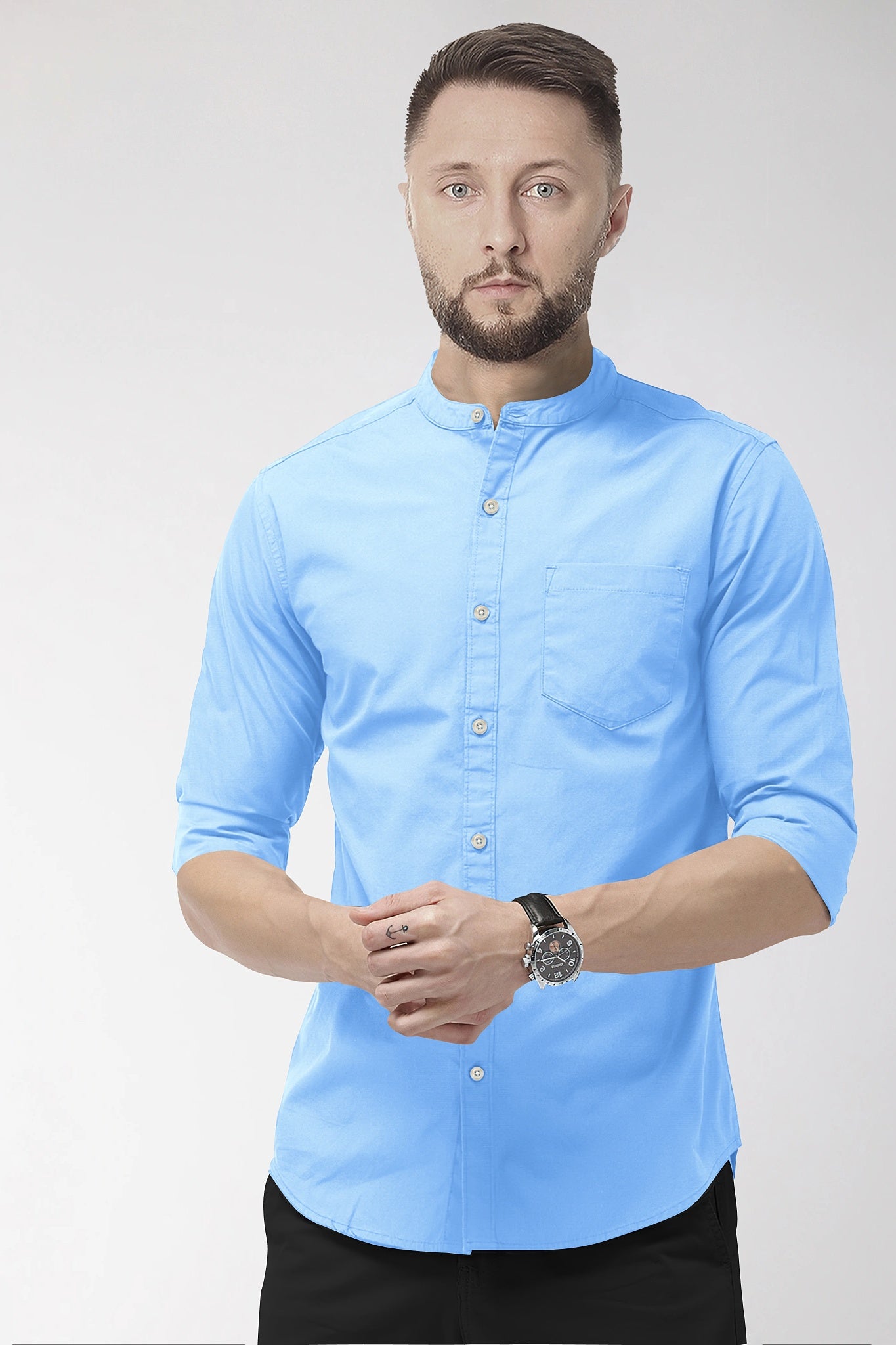 Hawkes Blue Mandarin Collar Giza Cotton Shirt