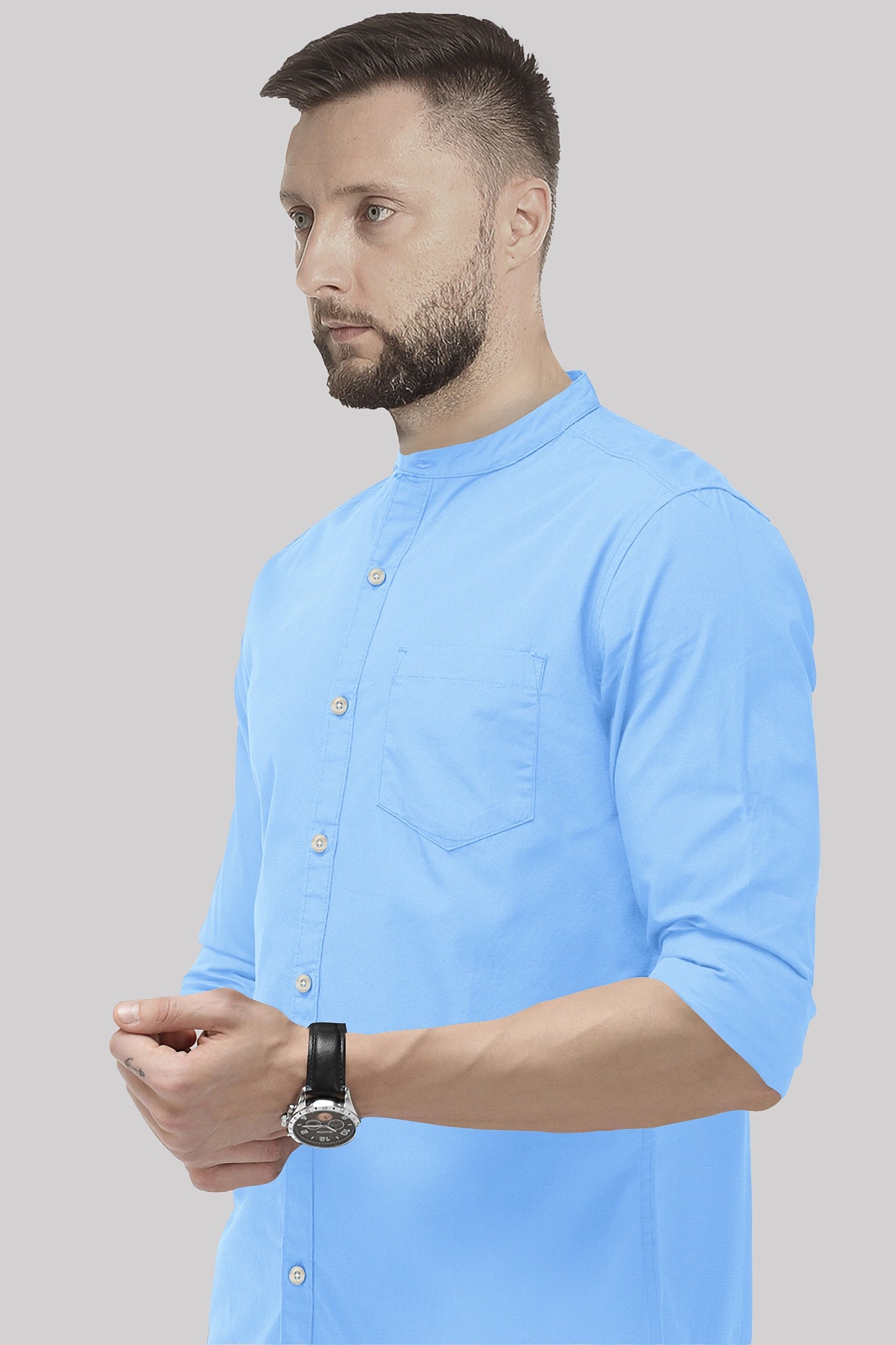 Hawkes Blue Mandarin Collar Giza Cotton Shirt