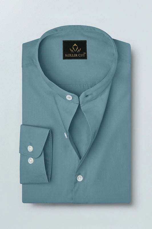 Stone Blue Mandarin Collar Giza Cotton Shirt