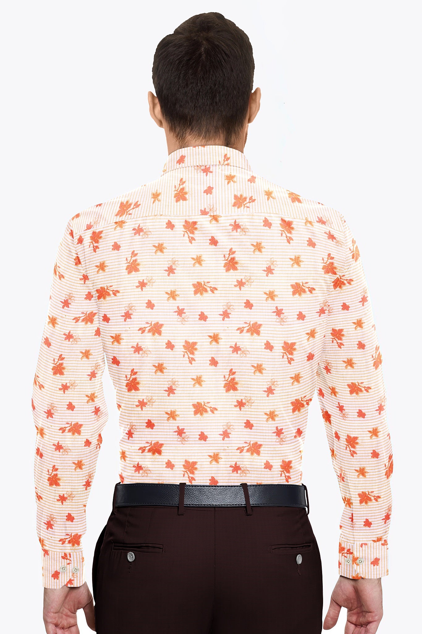 White and Clementine Orange Blackcurrant Leaf Printed Stripes Cotton Shirt