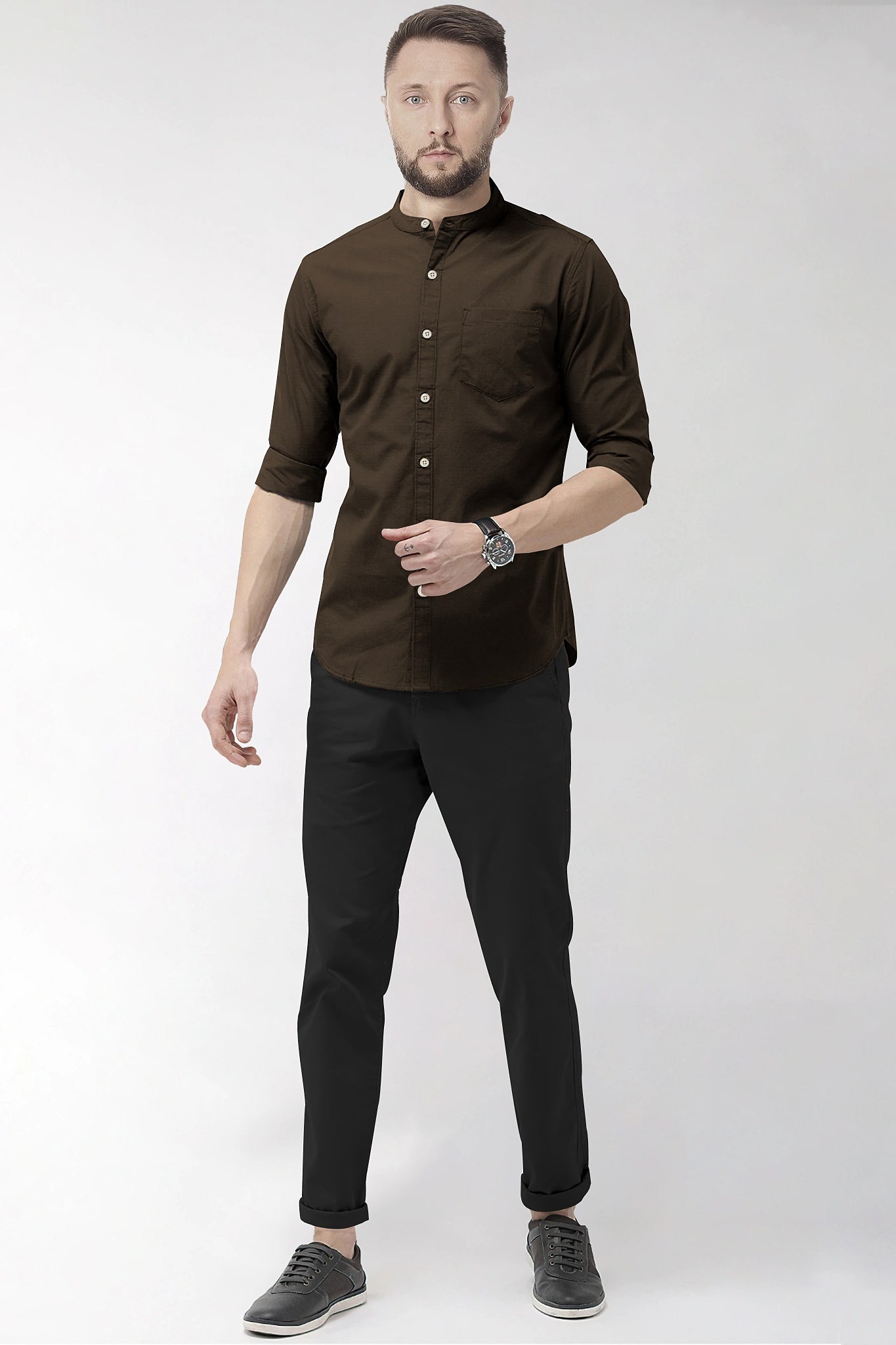 Coffee Brown Mandrin Collar Giza Cotton Shirt