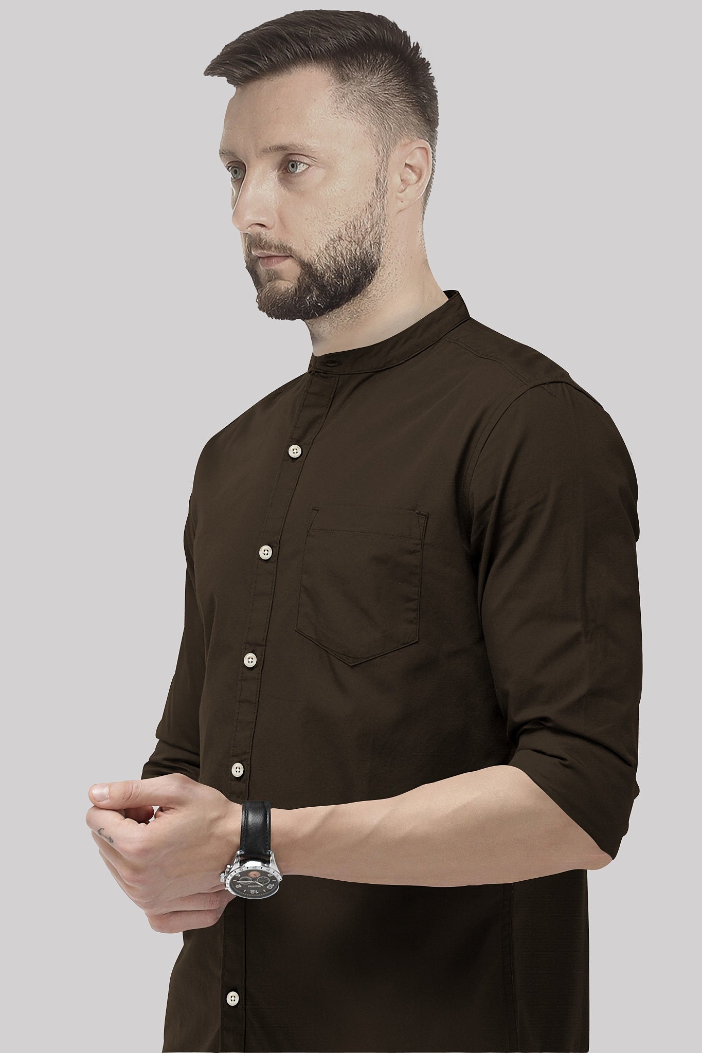 Coffee Brown Mandrin Collar Giza Cotton Shirt