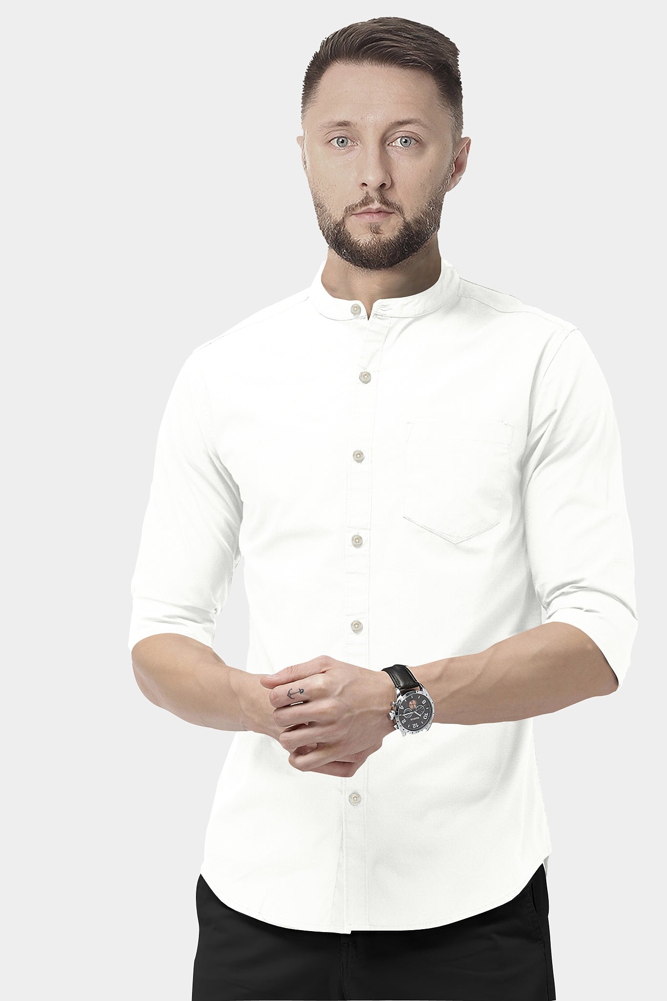 Snow White Mandarin Collar  Giza Cotton Shirt