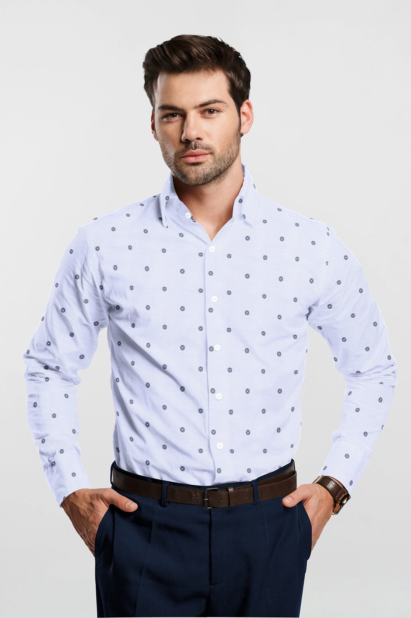 White with Chetwode Blue Pinstriped Denim Blue Buti Pattern Printed Men's Premium Cotton Shirt