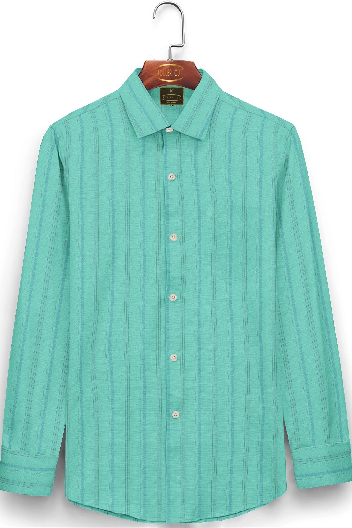 Turquoise with French Blue Wide Stripes Cotton Linen Shirt