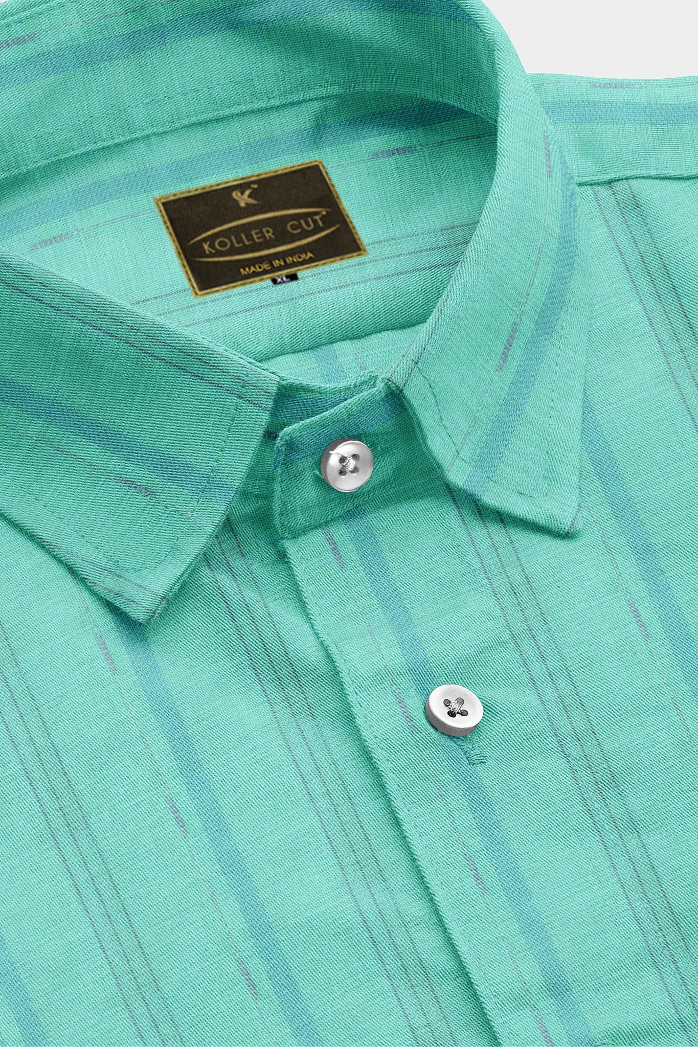 Turquoise with French Blue Wide Stripes Cotton Linen Shirt