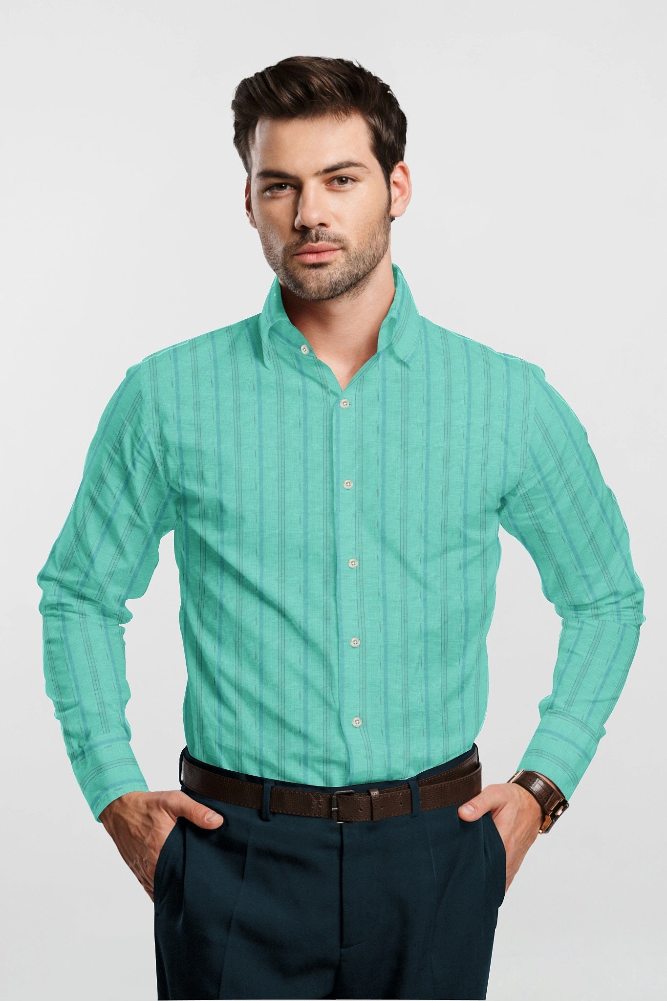 Turquoise with French Blue Wide Stripes Cotton Linen Shirt