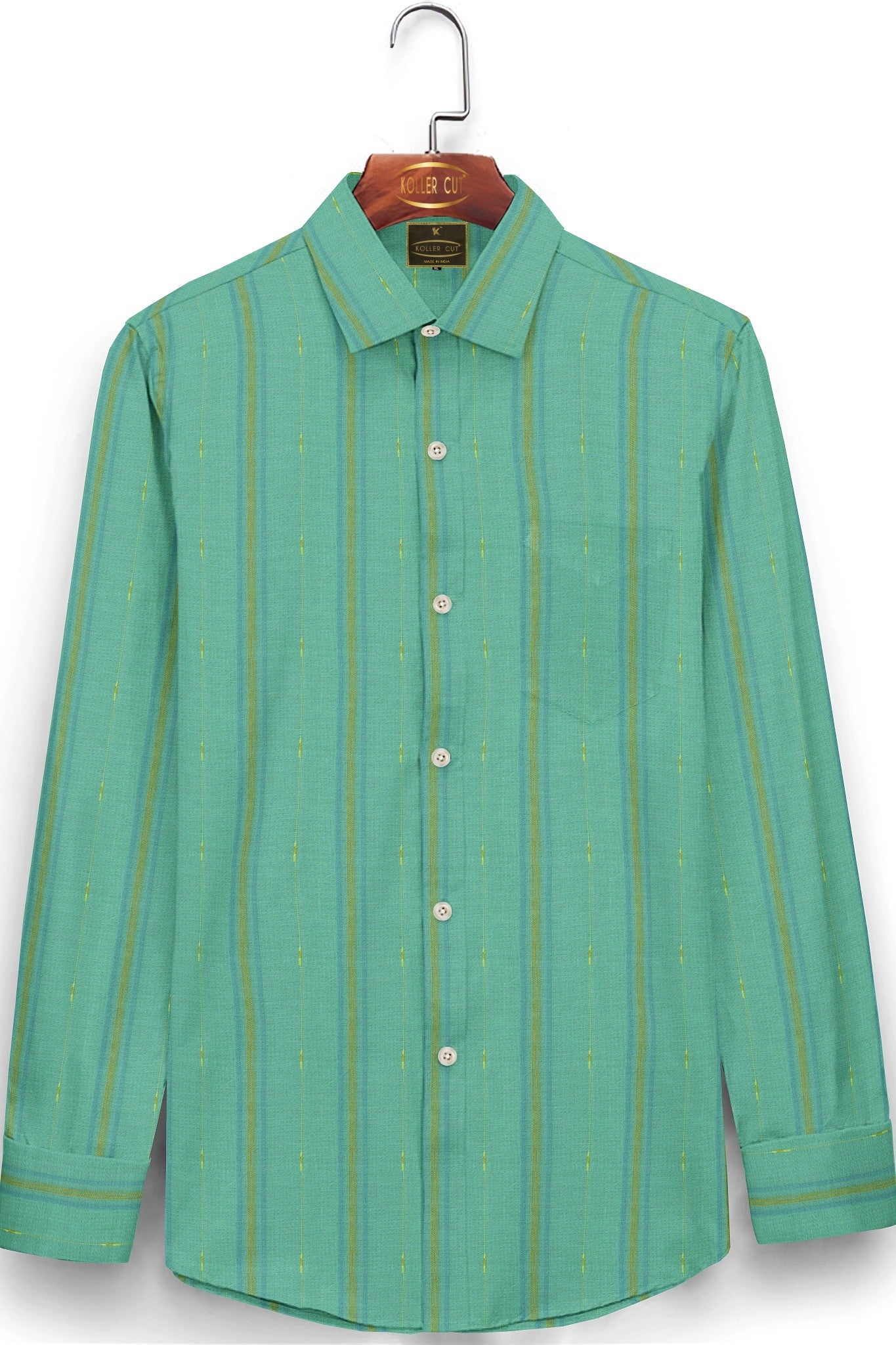 Dark Turquoise with Teal blue and Golden Wide Stripes Cotton Linen Shirt