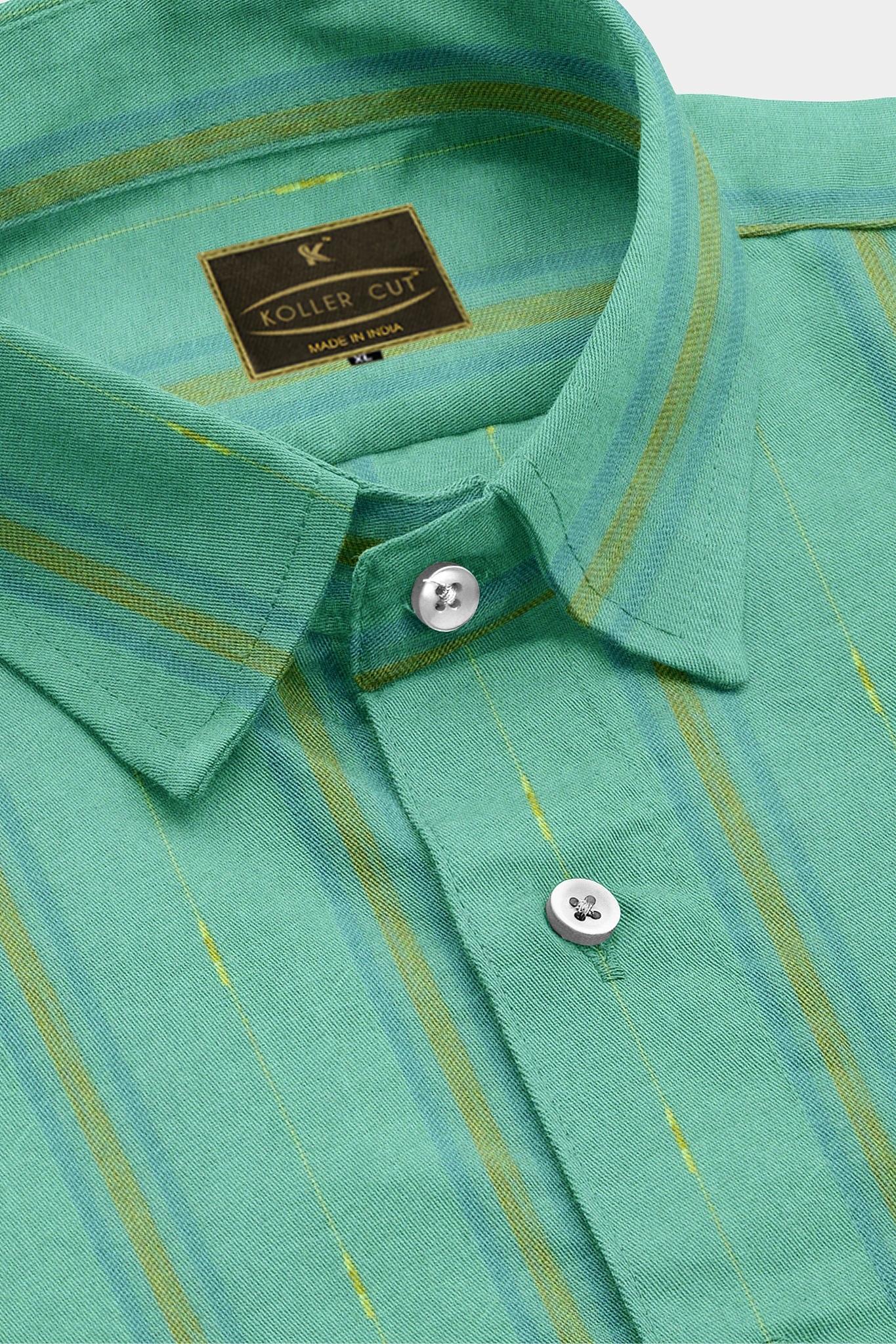 Dark Turquoise with Teal blue and Golden Wide Stripes Cotton Linen Shirt