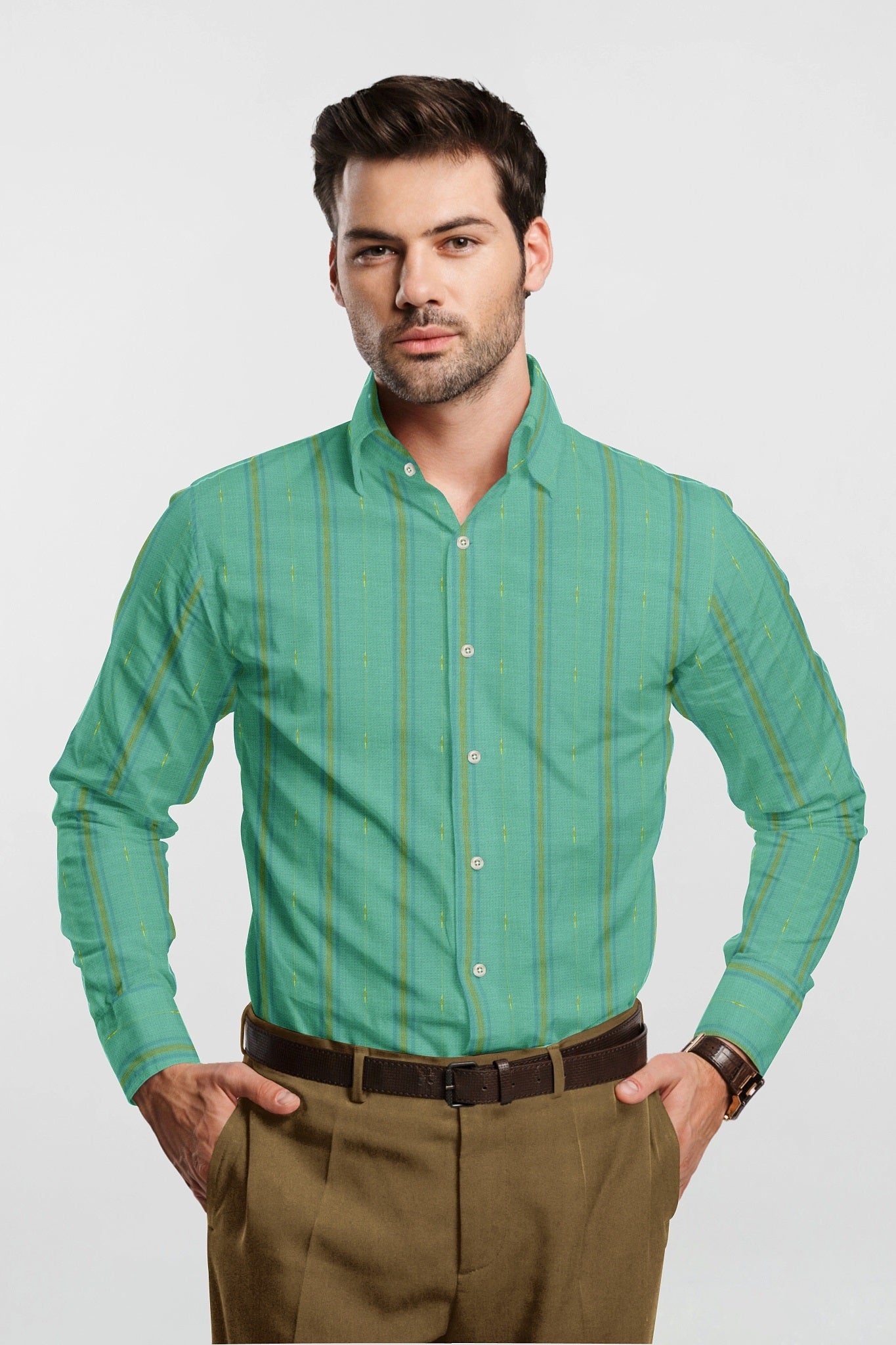 Dark Turquoise with Teal blue and Golden Wide Stripes Cotton Linen Shirt