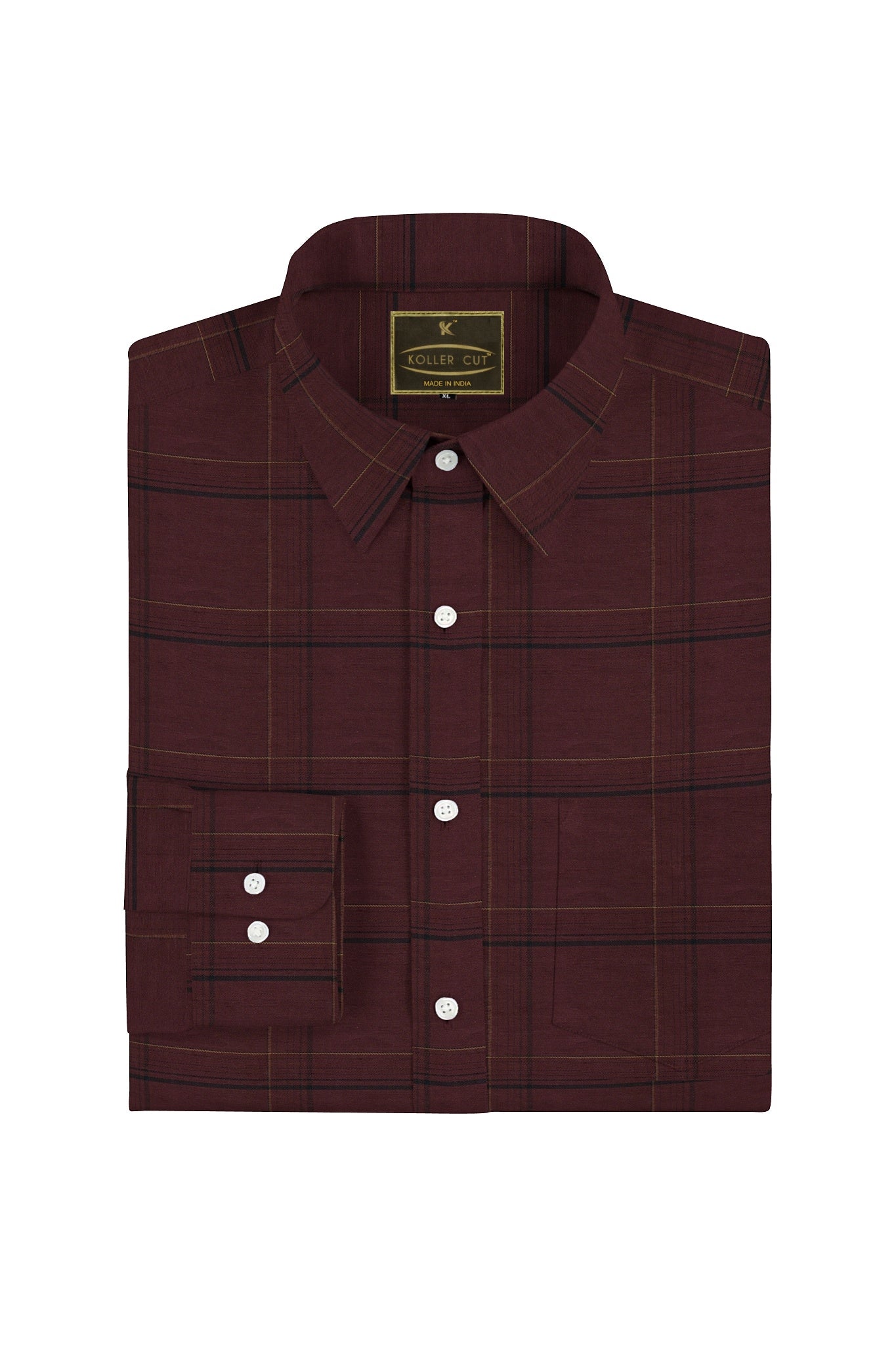 Merlot Red with Black and Mustard Yellow Plaid Cotton Shirt