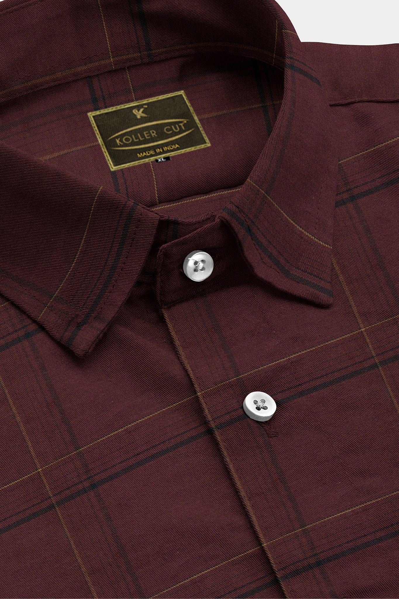 Merlot Red with Black and Mustard Yellow Plaid Cotton Shirt