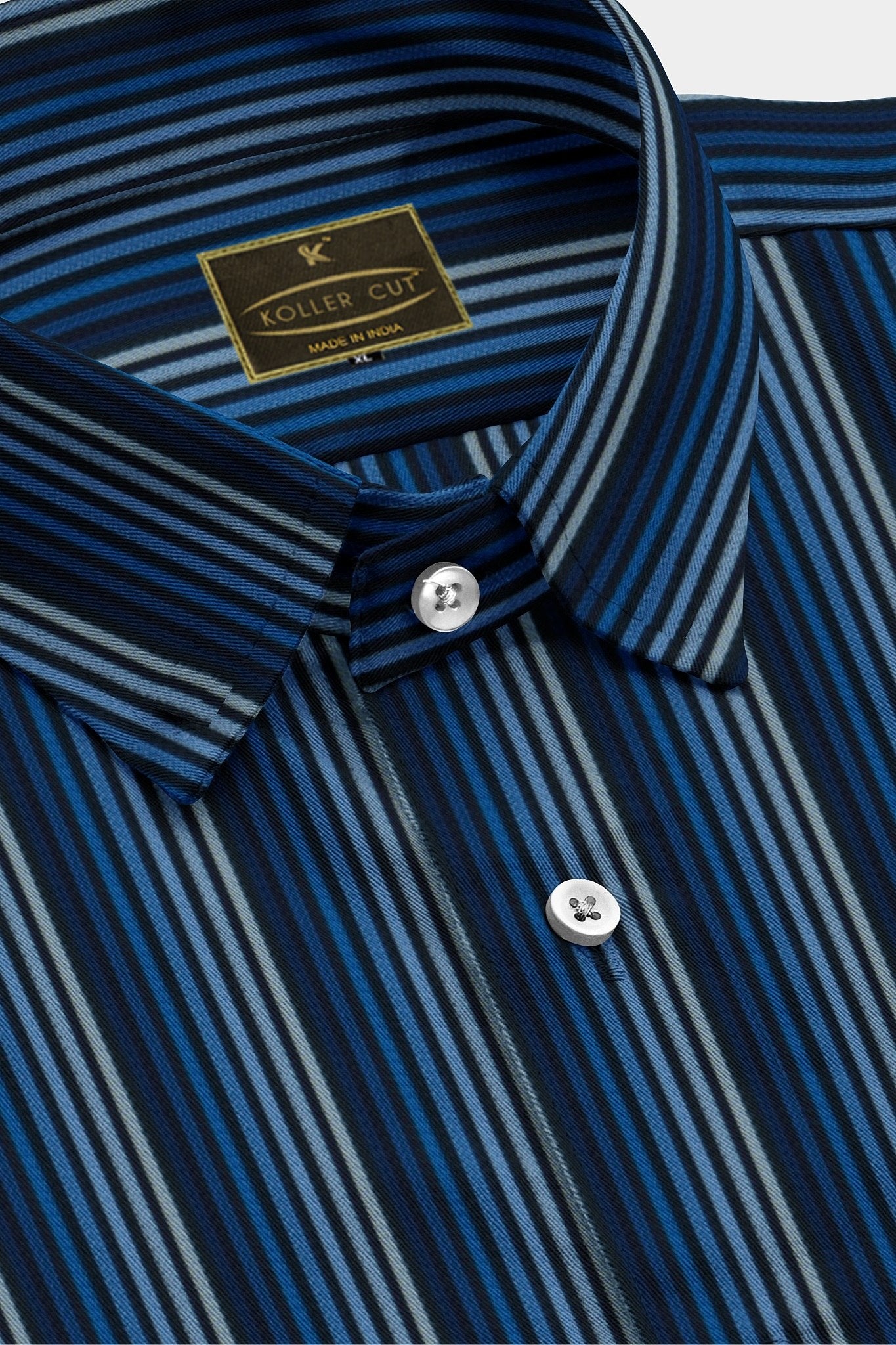 Black with Sapphire Blue and Egyptian Blue Multicolored Multitrack Stripes Men's Cotton Shirt