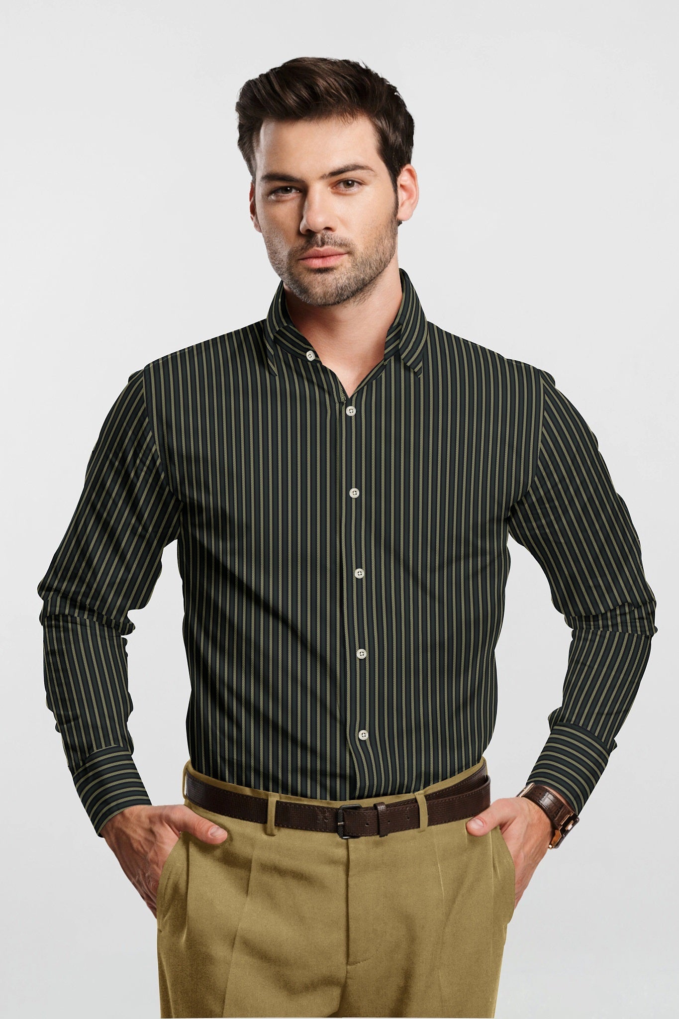 Seaweed Green with Olive and Jade Black Stripes Men's Cotton Shirt