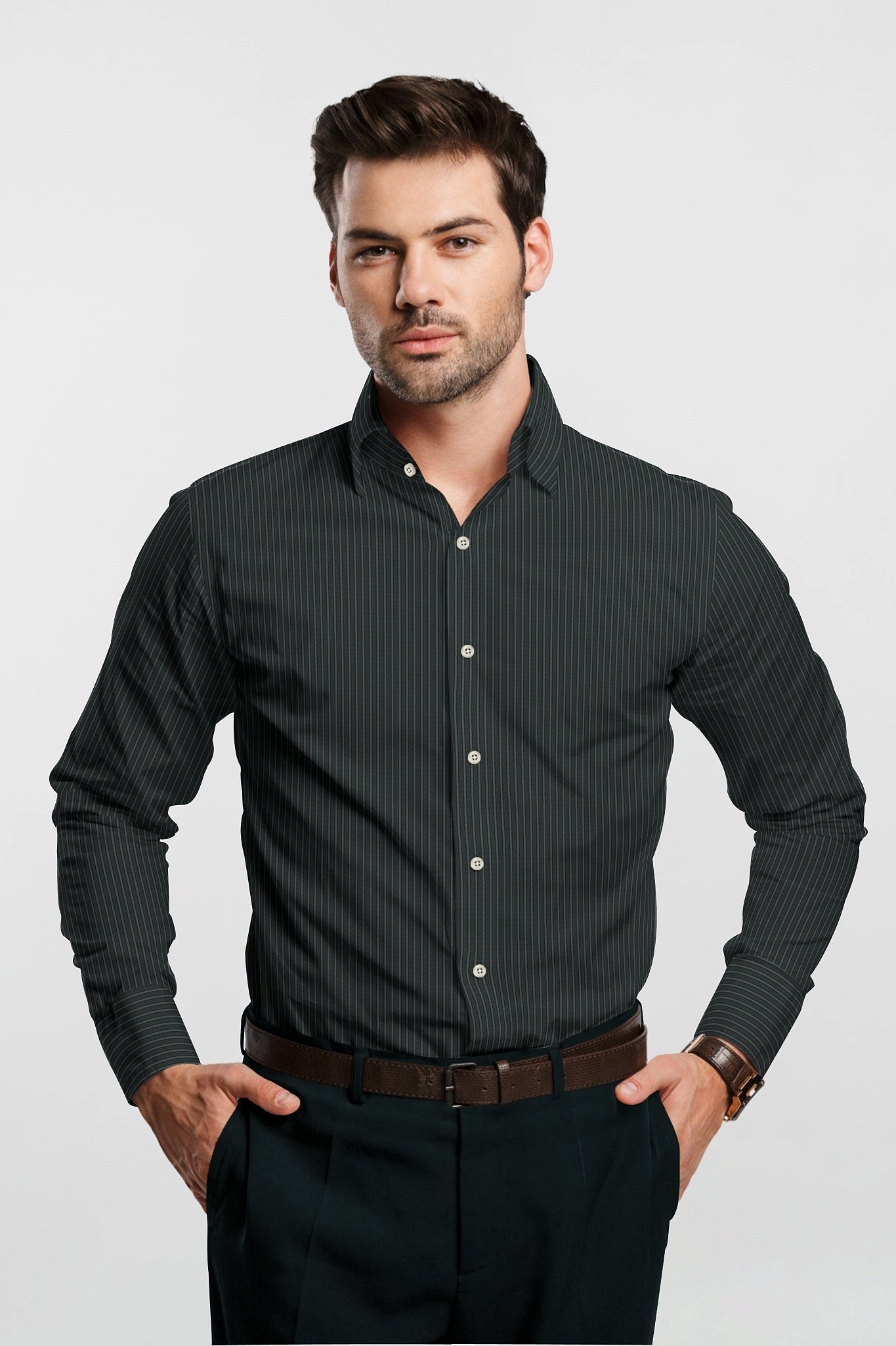 Black with Phthalo Green Twill Stripes Cotton Shirt
