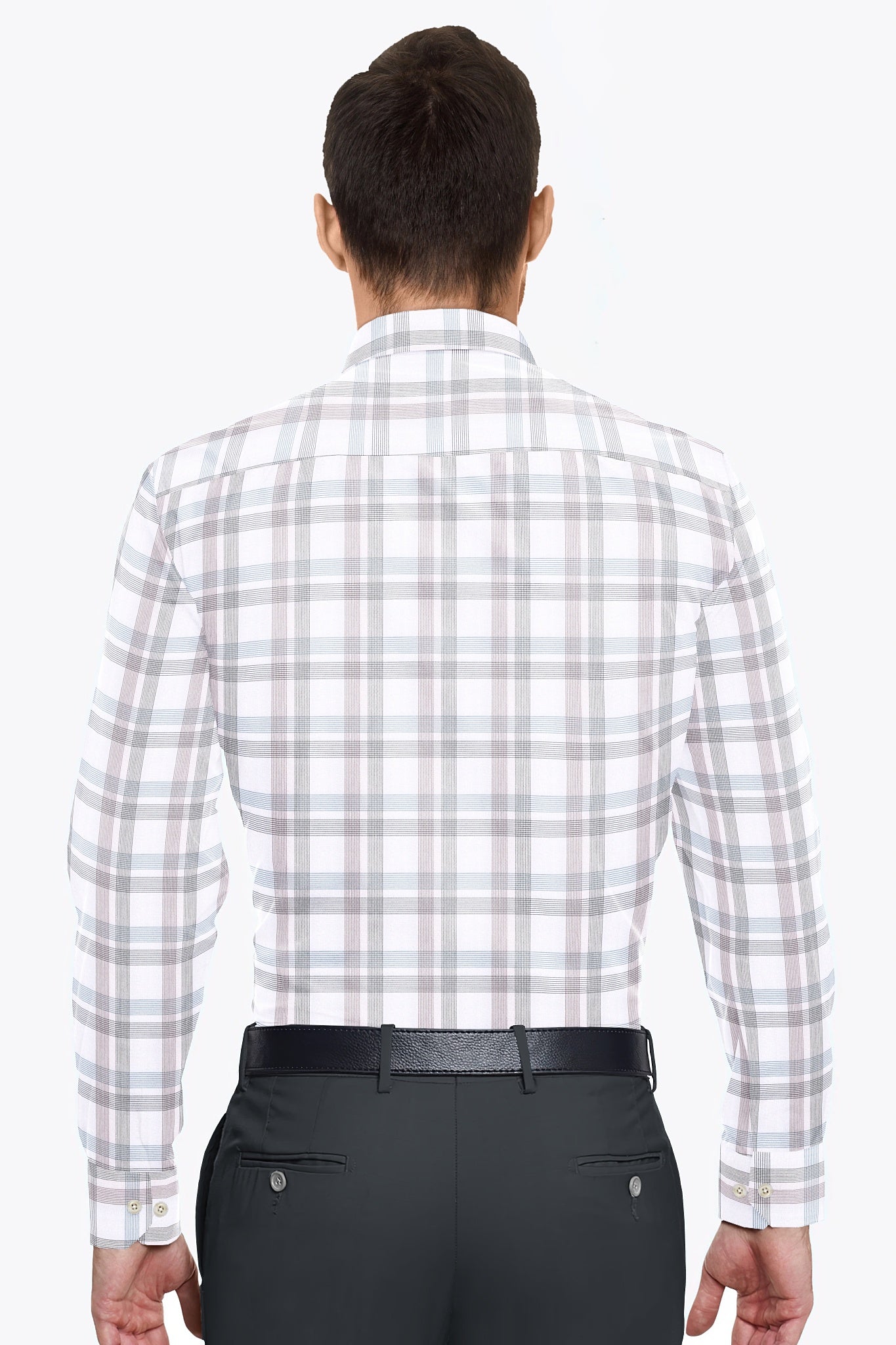 White with Steel Blue and Auburn Red Dash Checks Cotton Shirt