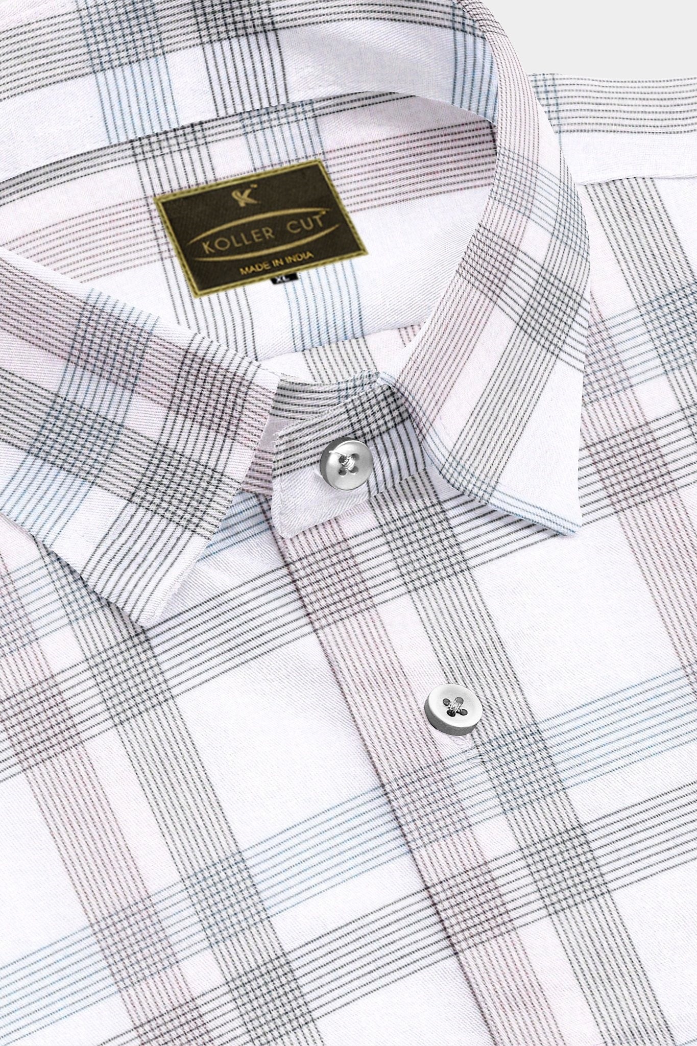 White with Steel Blue and Auburn Red Dash Checks Cotton Shirt