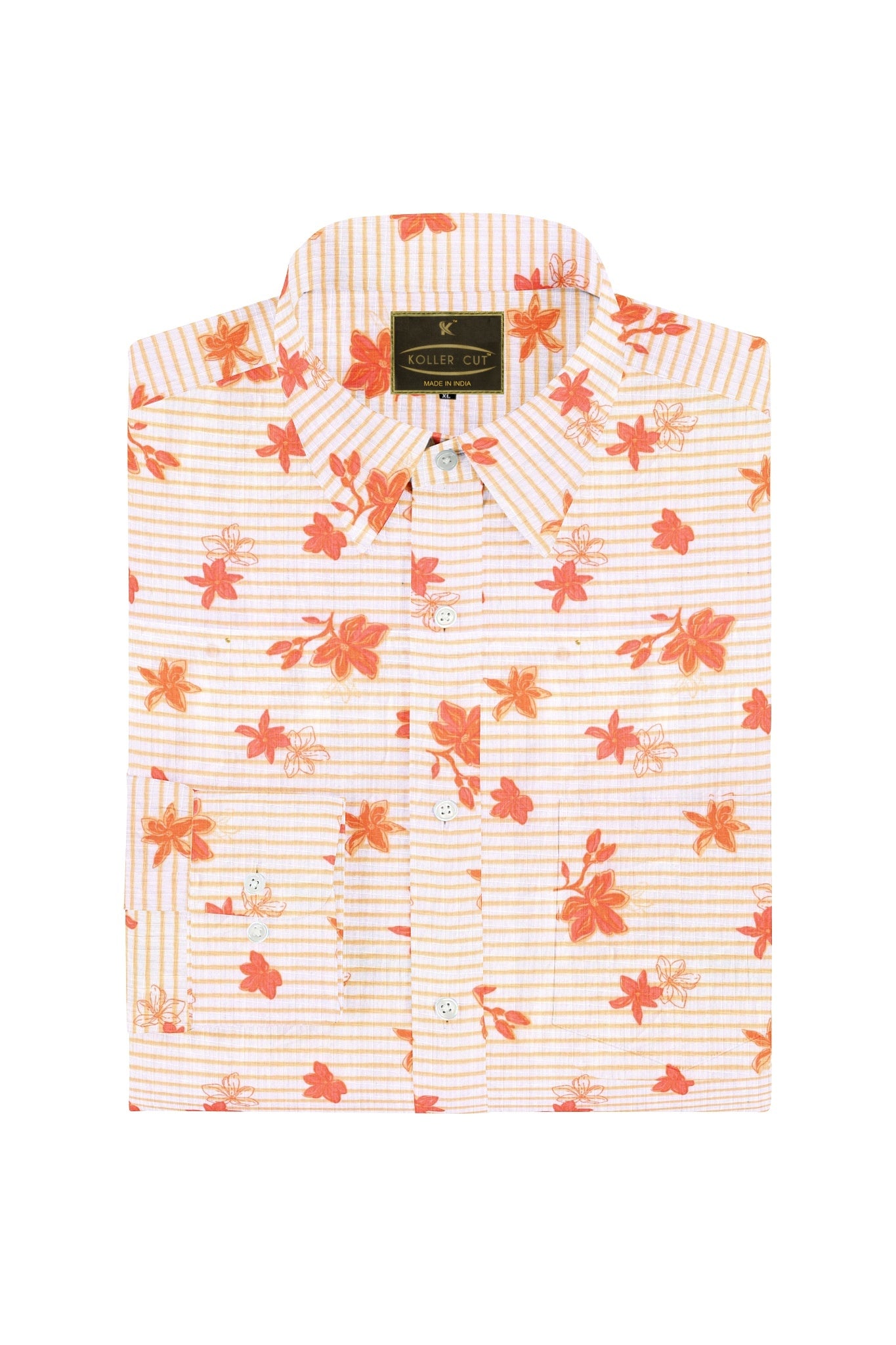 White and Clementine Orange Blackcurrant Leaf Printed Stripes Cotton Shirt