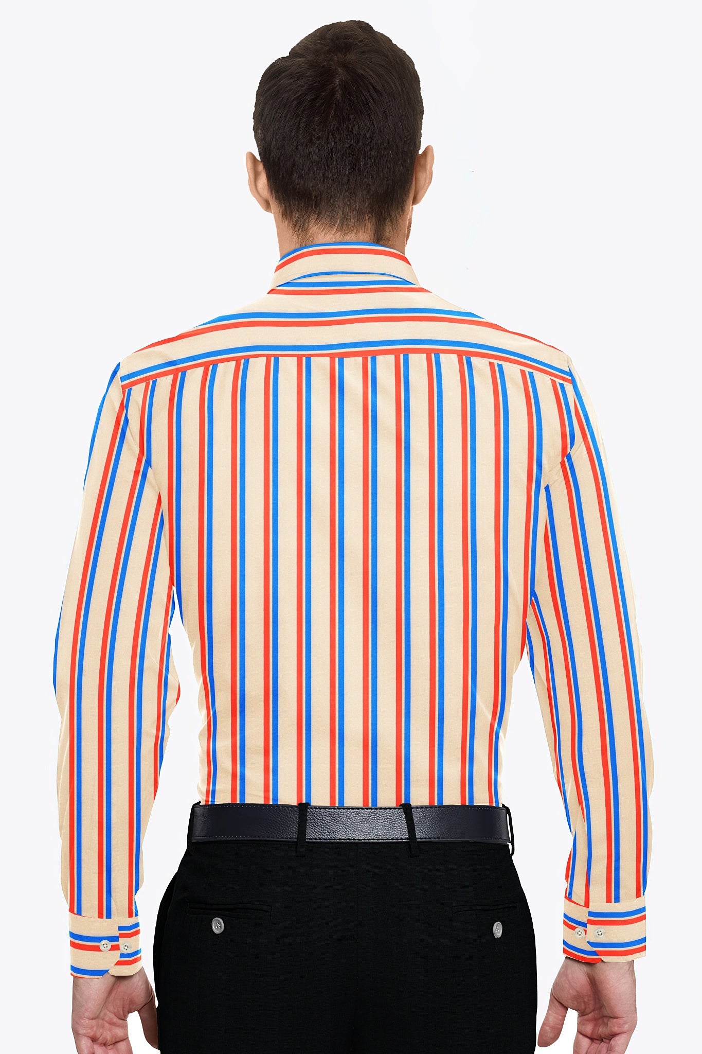 Beige with Baleine blue and Poinciana Orange Stripes Cotton Shirt
