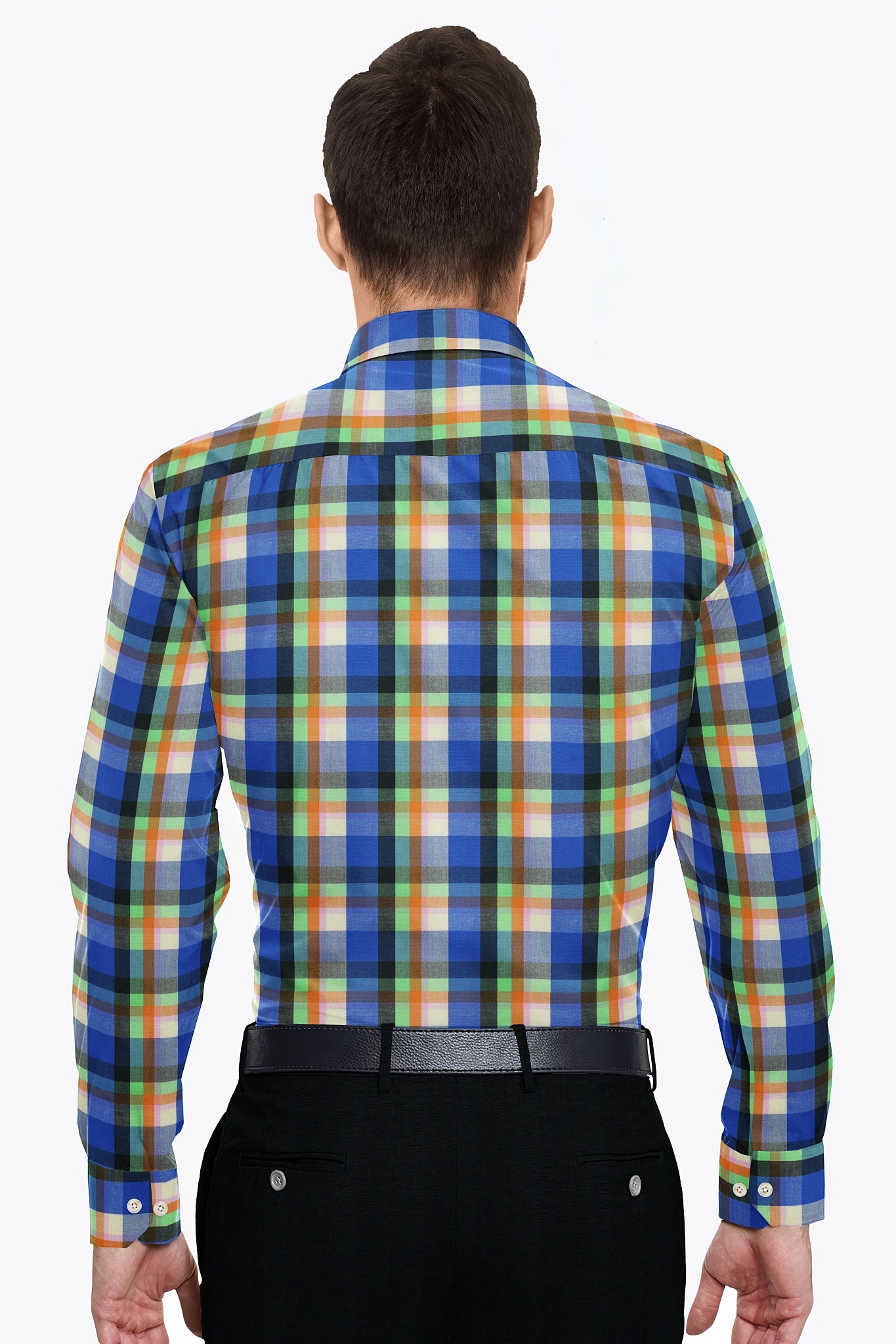 Indigo Blue Celosia Orange and Paradise Green Checks Cotton Shirt